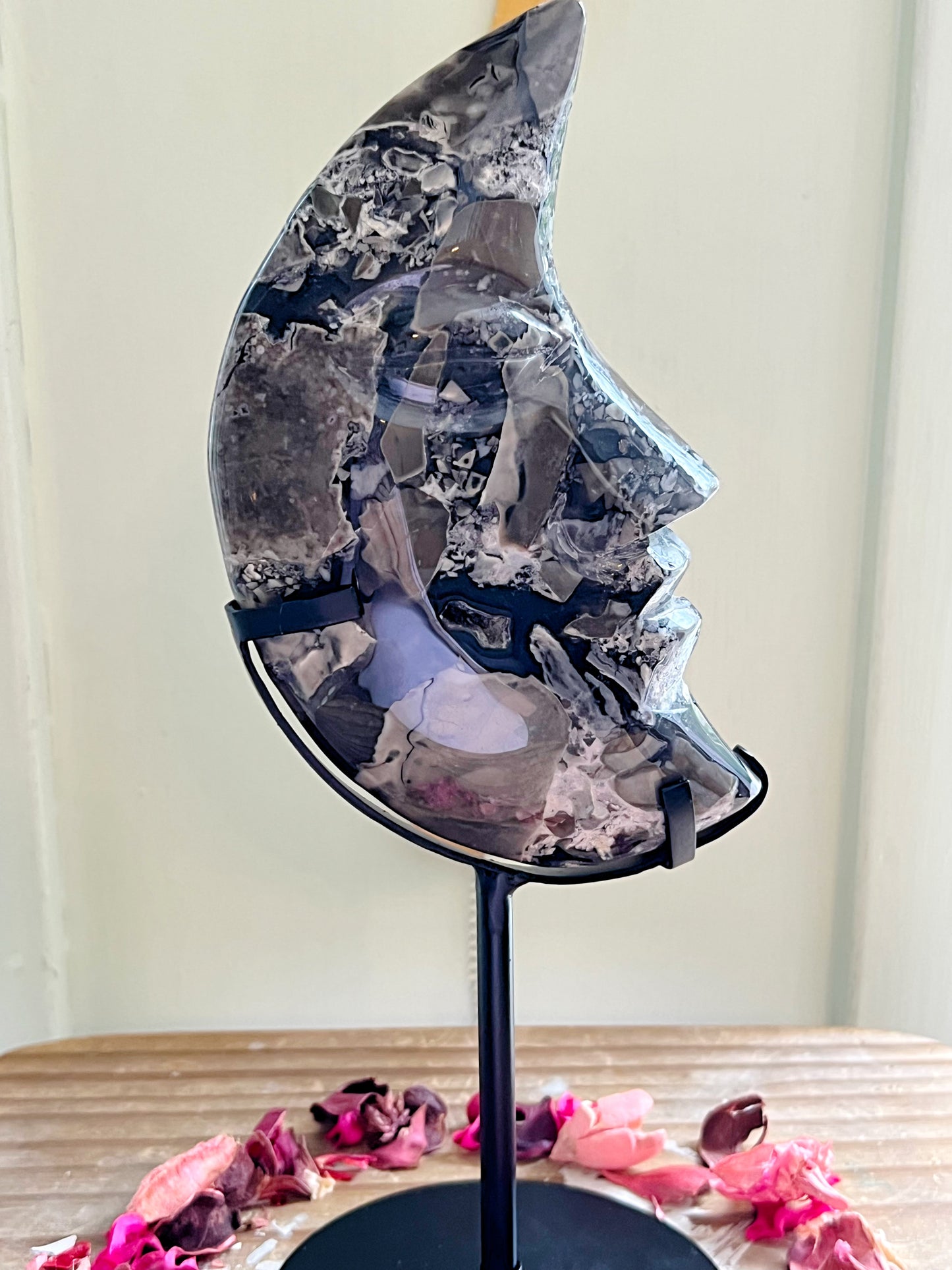 XXL Volcano Agate Moon On Stand UV REACTIVE