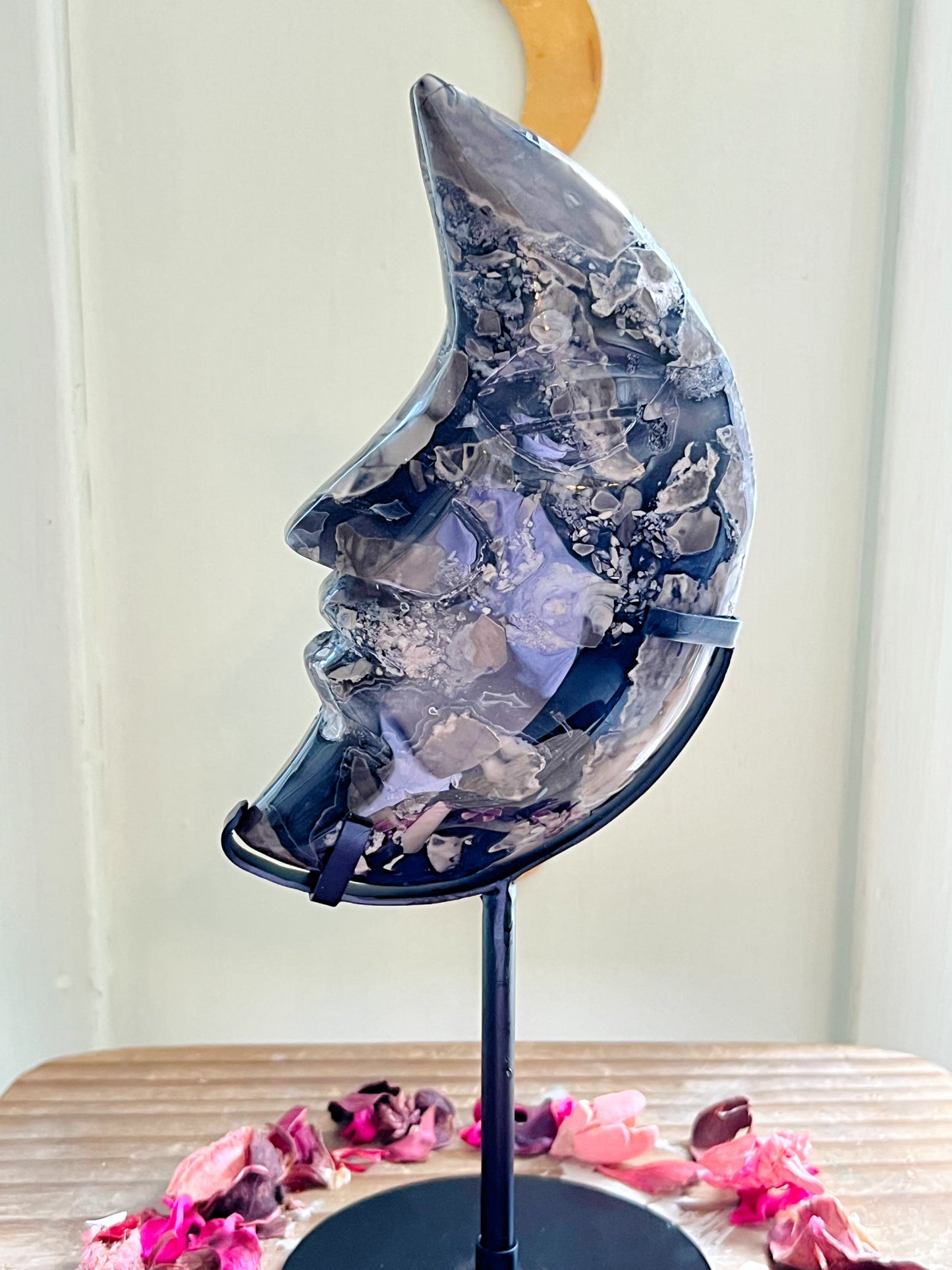 XXL Volcano Agate Moon On Stand UV REACTIVE