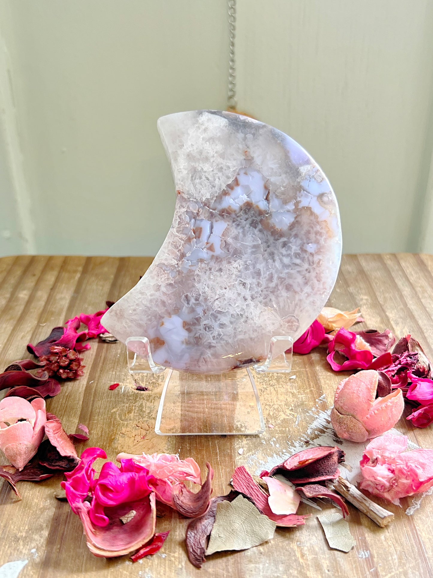 Blue Flower Agate Moon On Stand