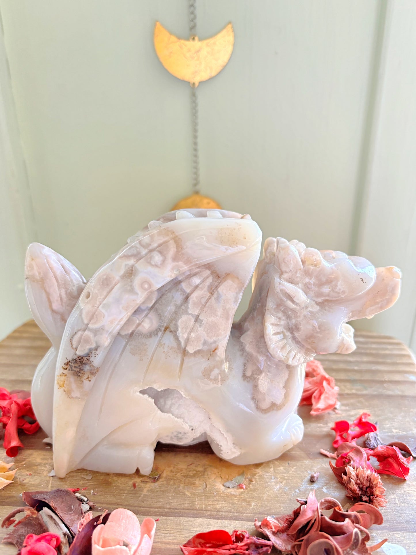 Druzy Flower Agate Dragon Carving