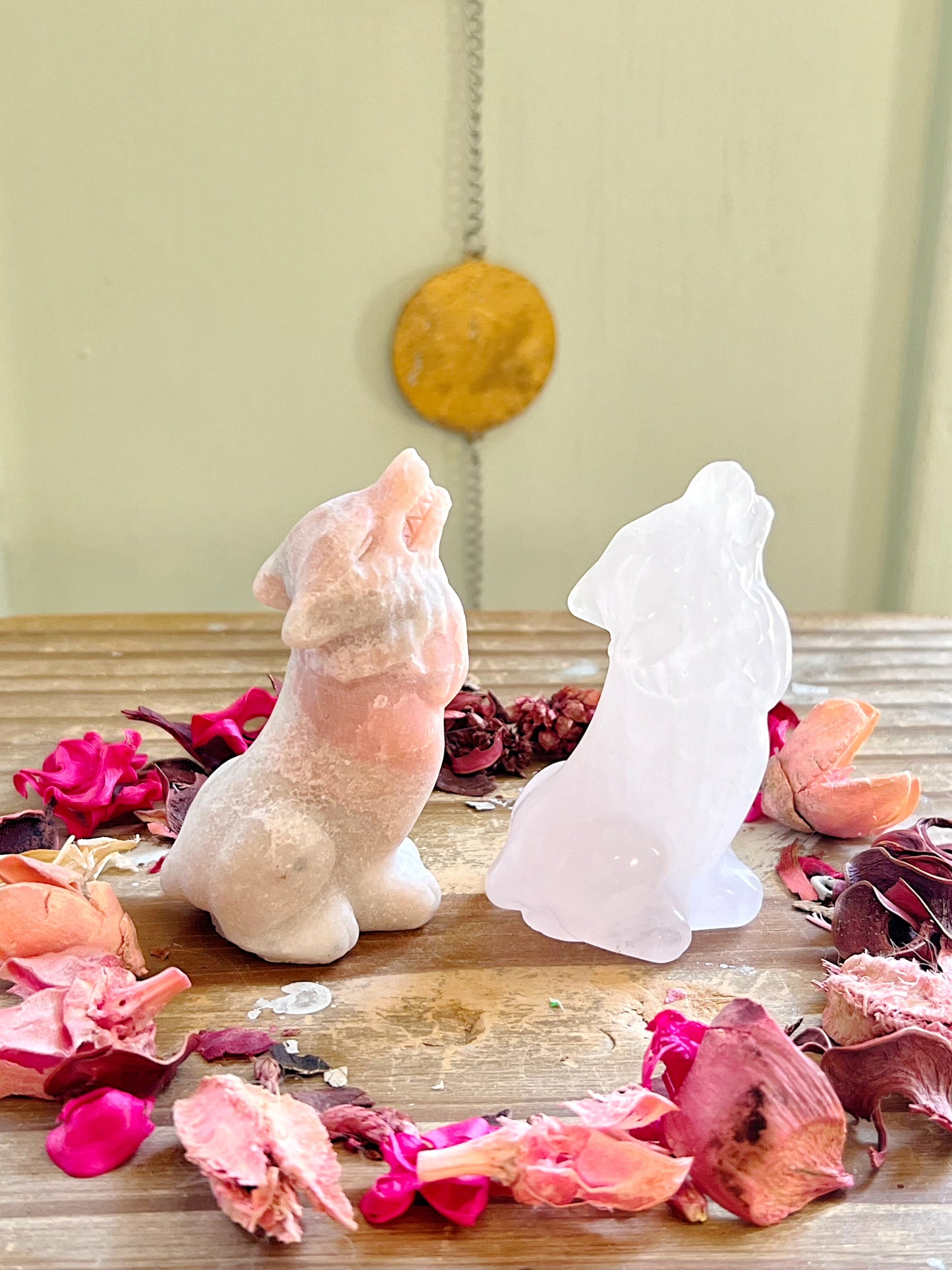 Pink Opal and Rose Quartz Wolf Carvings