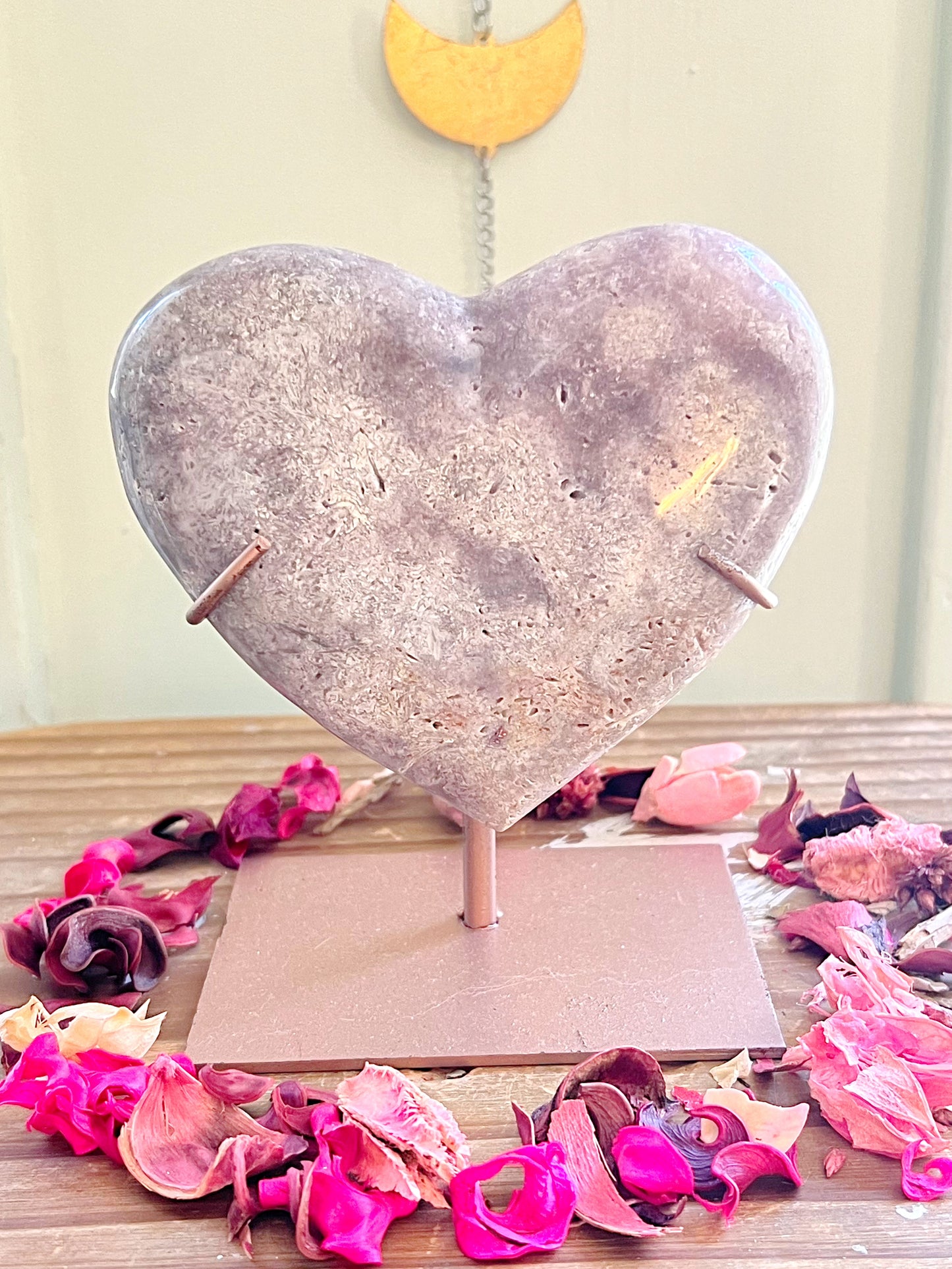XL Pink Amethyst With Purple Amethyst Heart on Stand