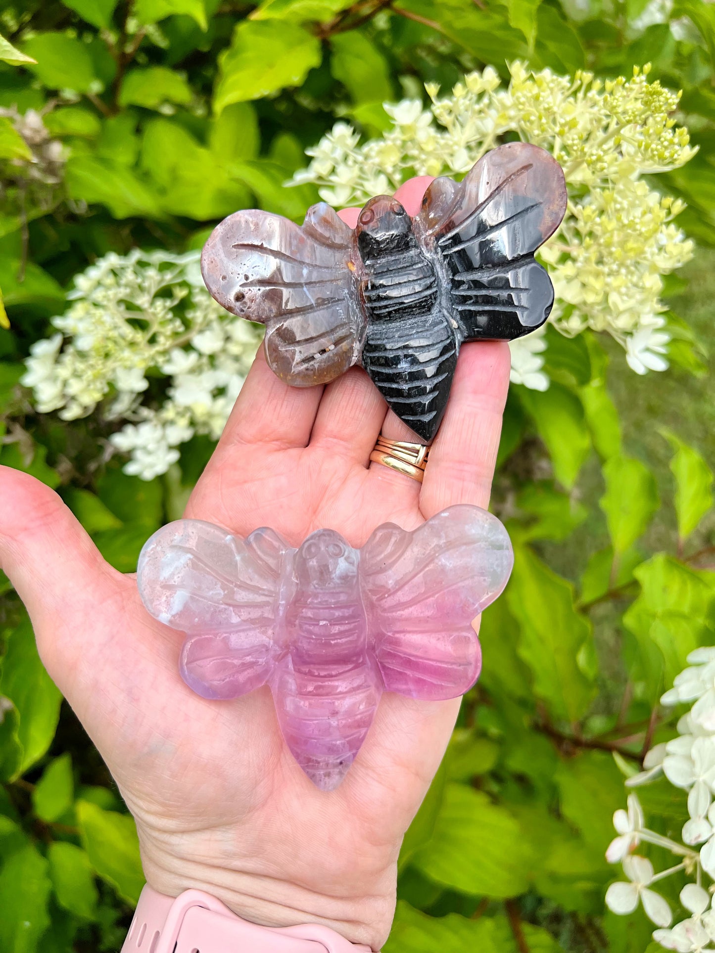 Bee Carvings in Ocean Jasper, African Bloodstone, Golden Healer, and Fluorite