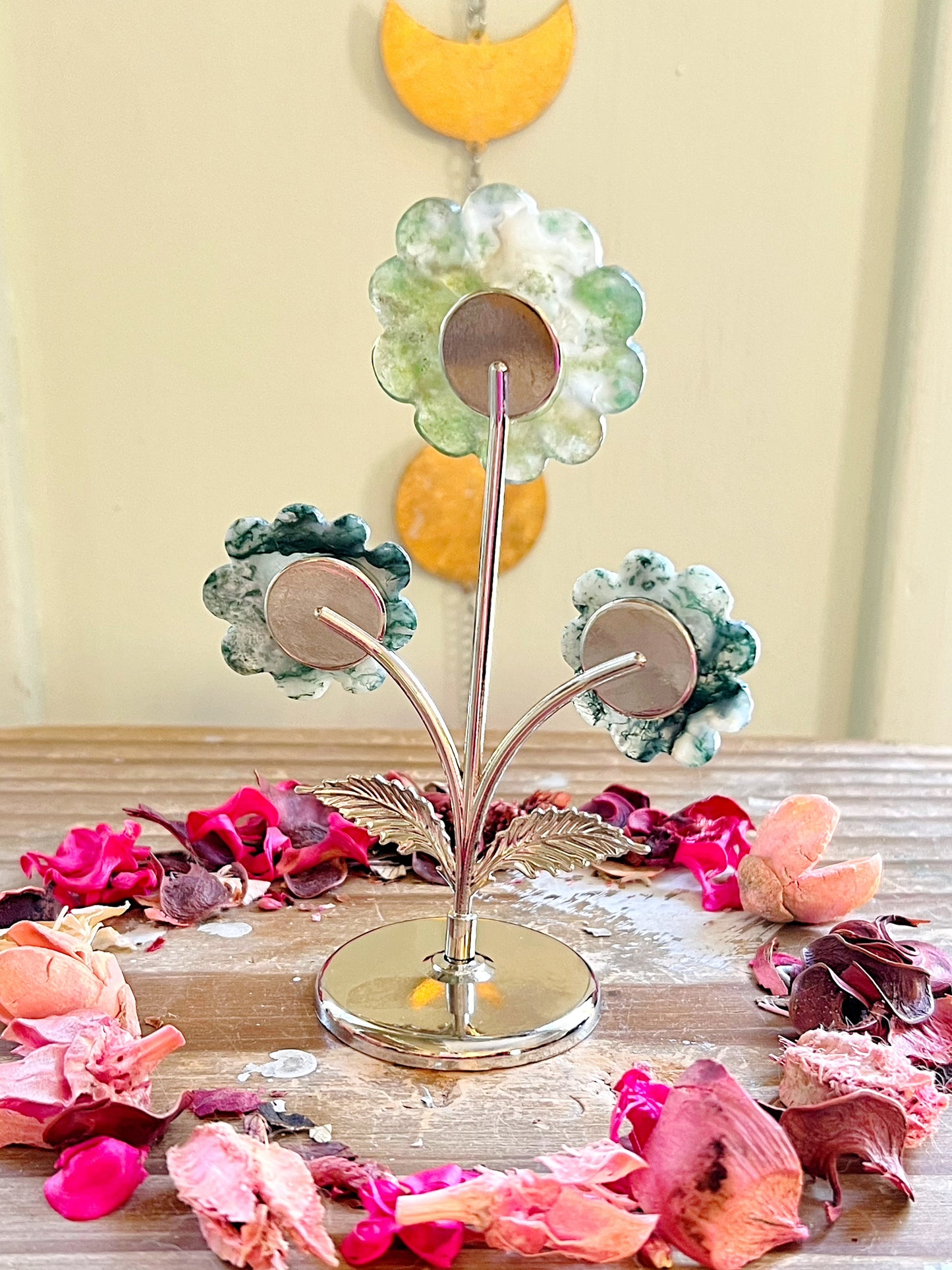 Moss Agate Flowers on Stand