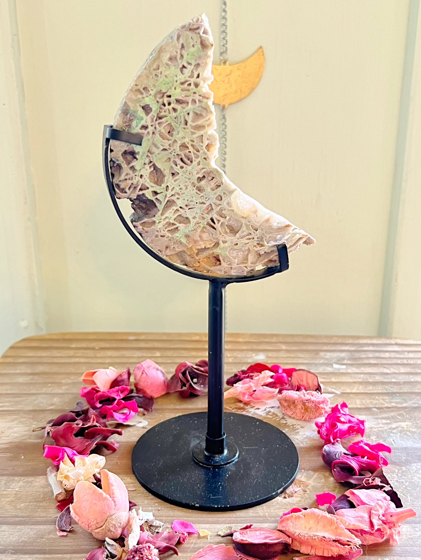 Druzy Aura Sphalerite Moon on Stand