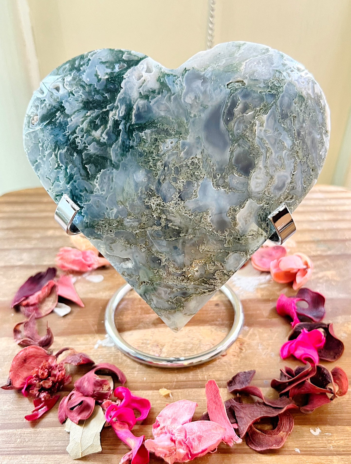 XL Moss Agate Hearts On Stands