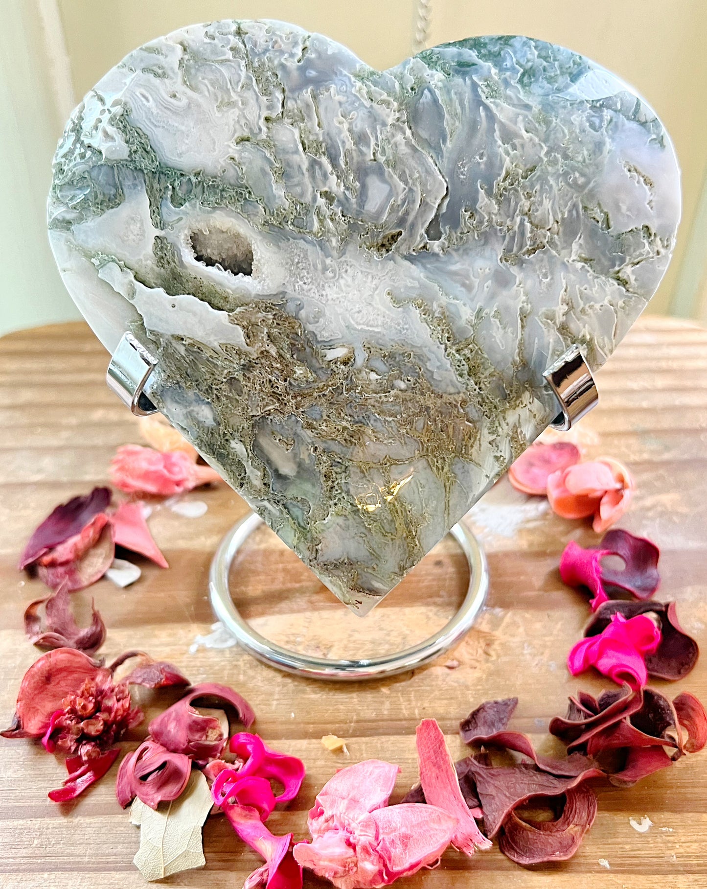 XL Moss Agate Hearts On Stands