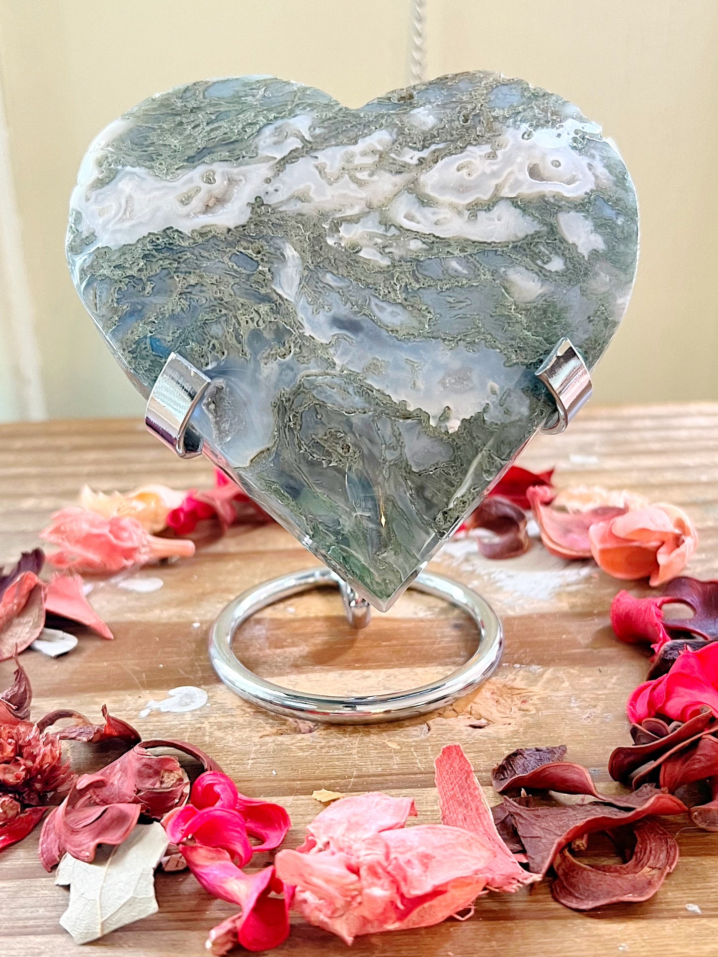 XL Moss Agate Hearts On Stands