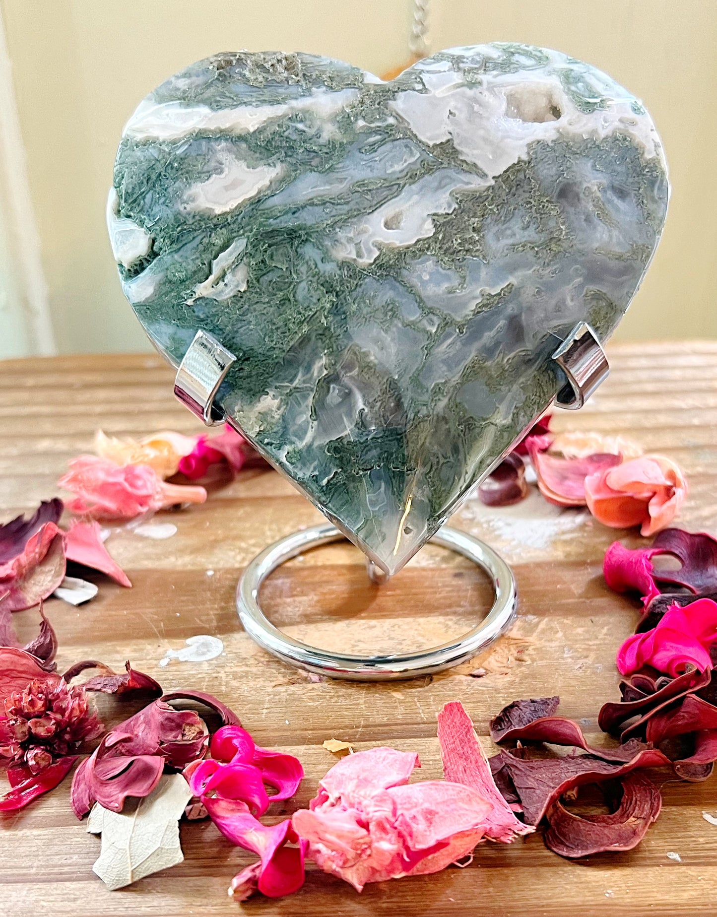 XL Moss Agate Hearts On Stands