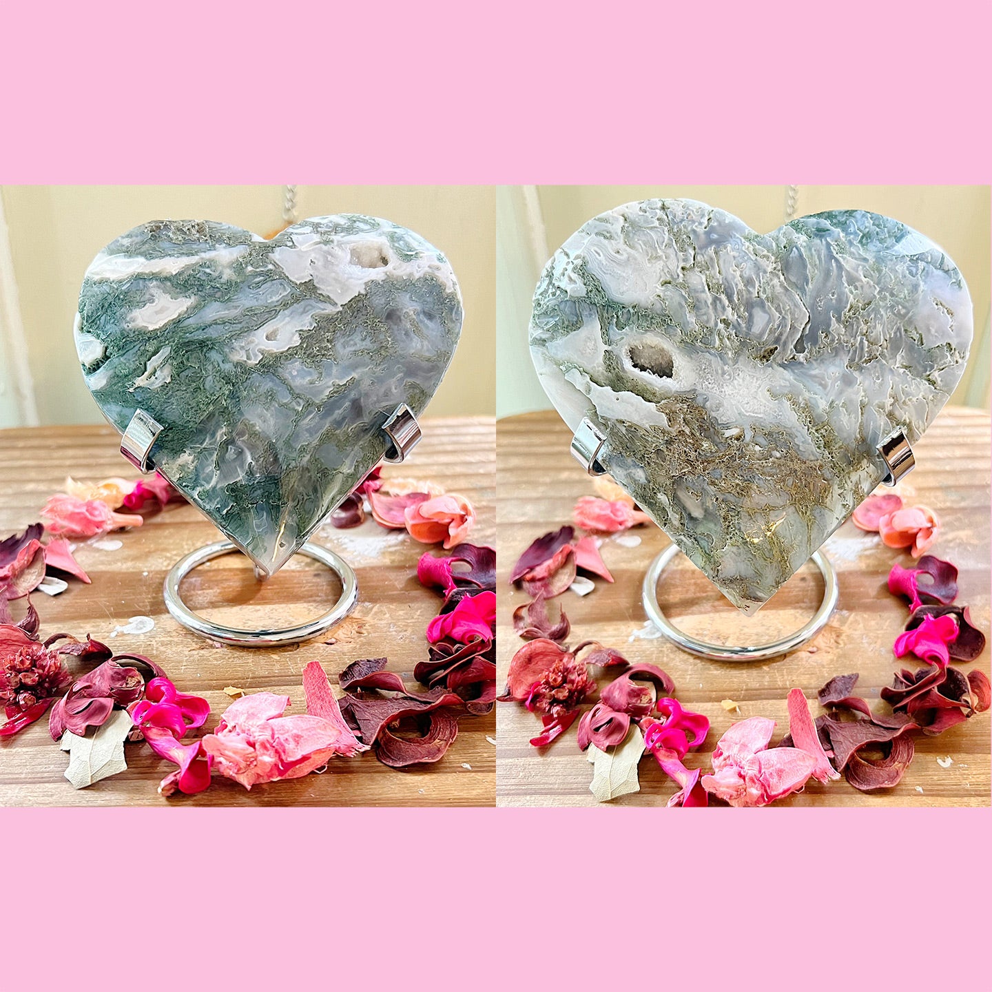 XL Moss Agate Hearts On Stands