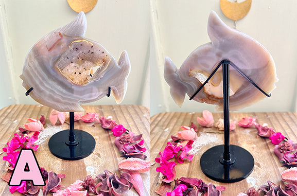 Rose and Quartz - Carvings - XL Druzy Agate Fish on Stand A