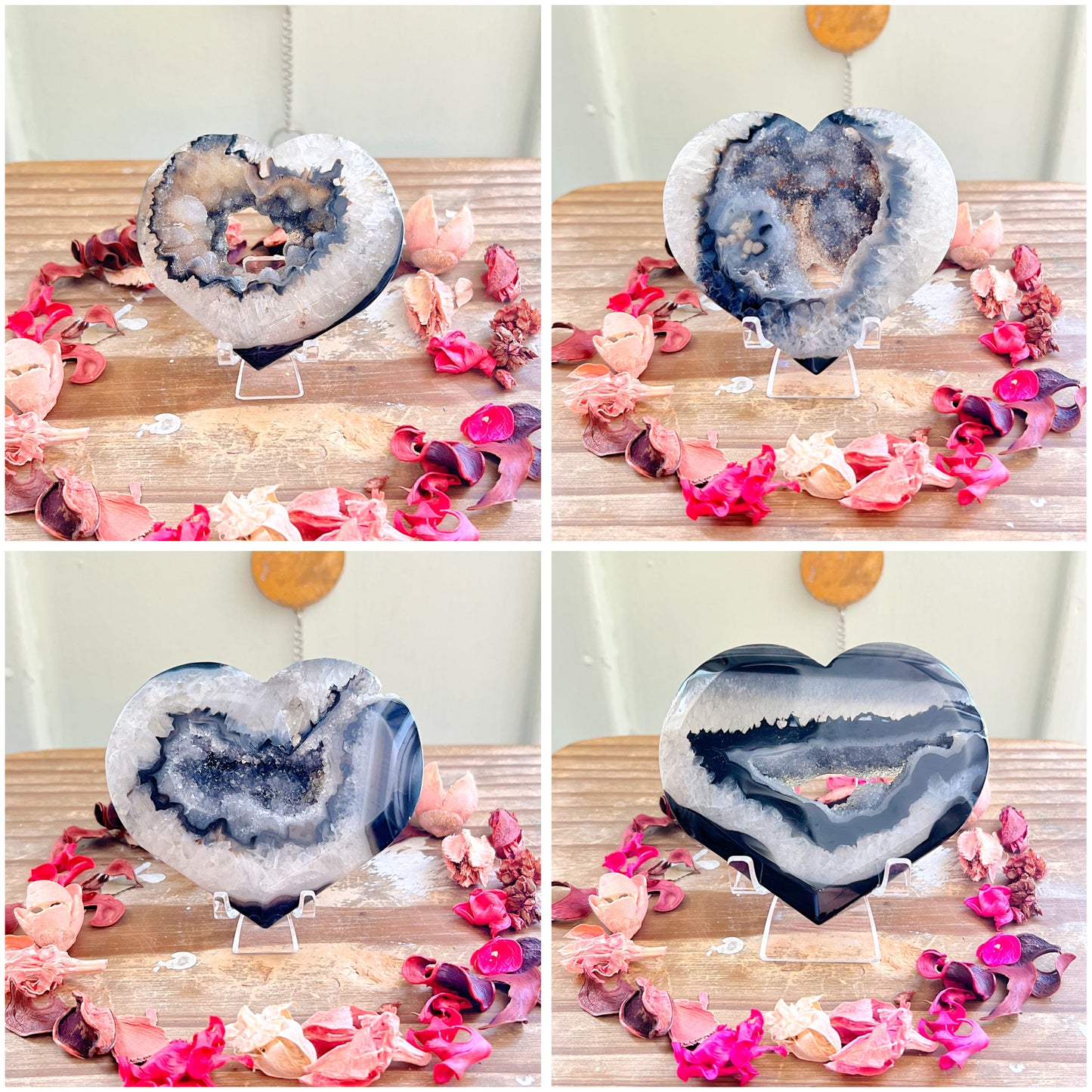 Druzy Black Agate x Quartz Hearts on Stands