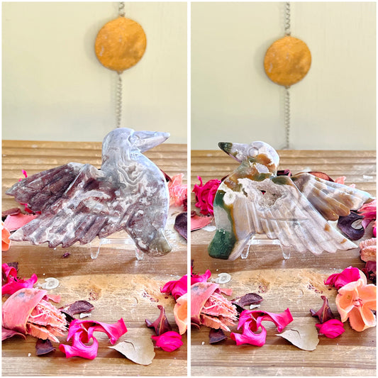 Colorful Moss Agate Hummingbird Carvings with Stands