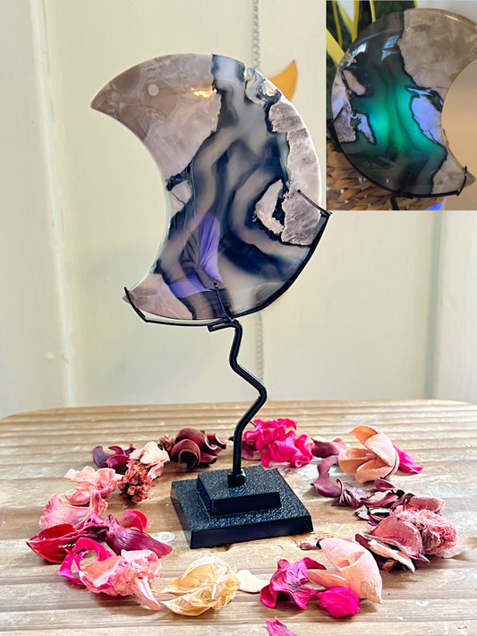 Volcano Agate Moon on Stand UV REACTIVE