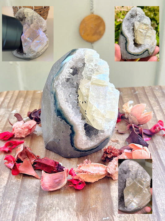 High-Quality Amethyst x Optical Yellow Calcite Cutbase UV REACTIVE