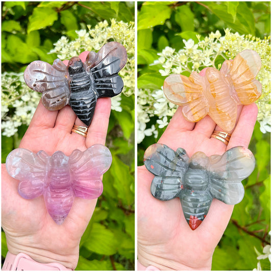 Bee Carvings in Ocean Jasper, African Bloodstone, Golden Healer, and Fluorite