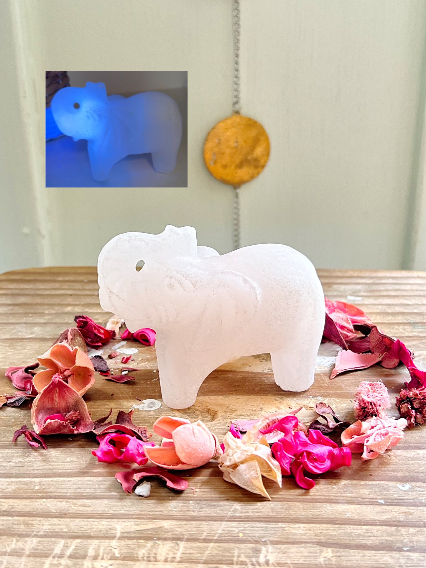 Pink Calcite Elephant Carving UV REACTIVE
