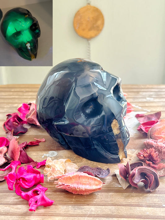 Volcano Agate x Golden Healed Skull Carving UV REACTIVE