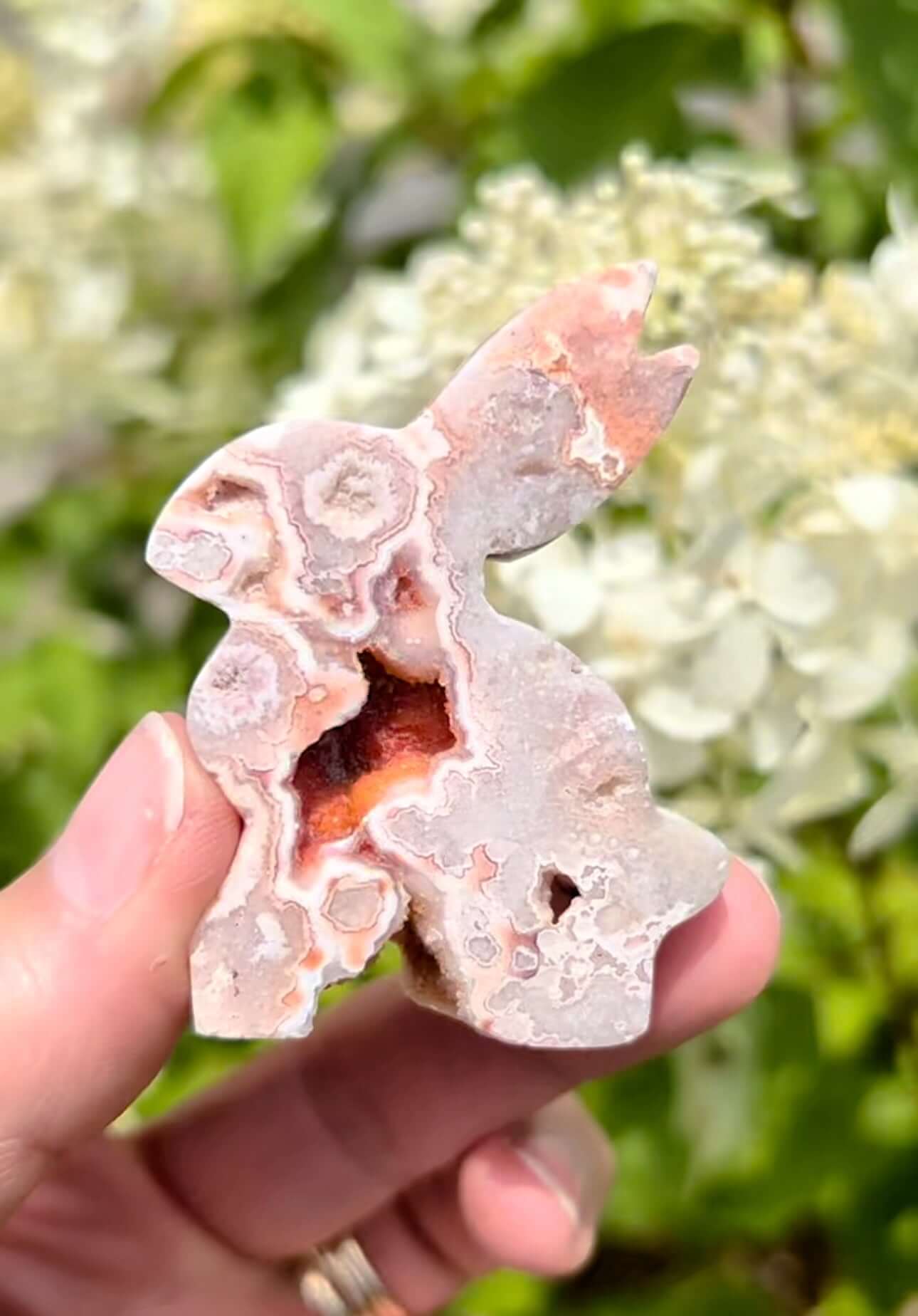 Rose and Quartz - Carvings - Druzy Pink Crazy Lace Agate Bunny Carving