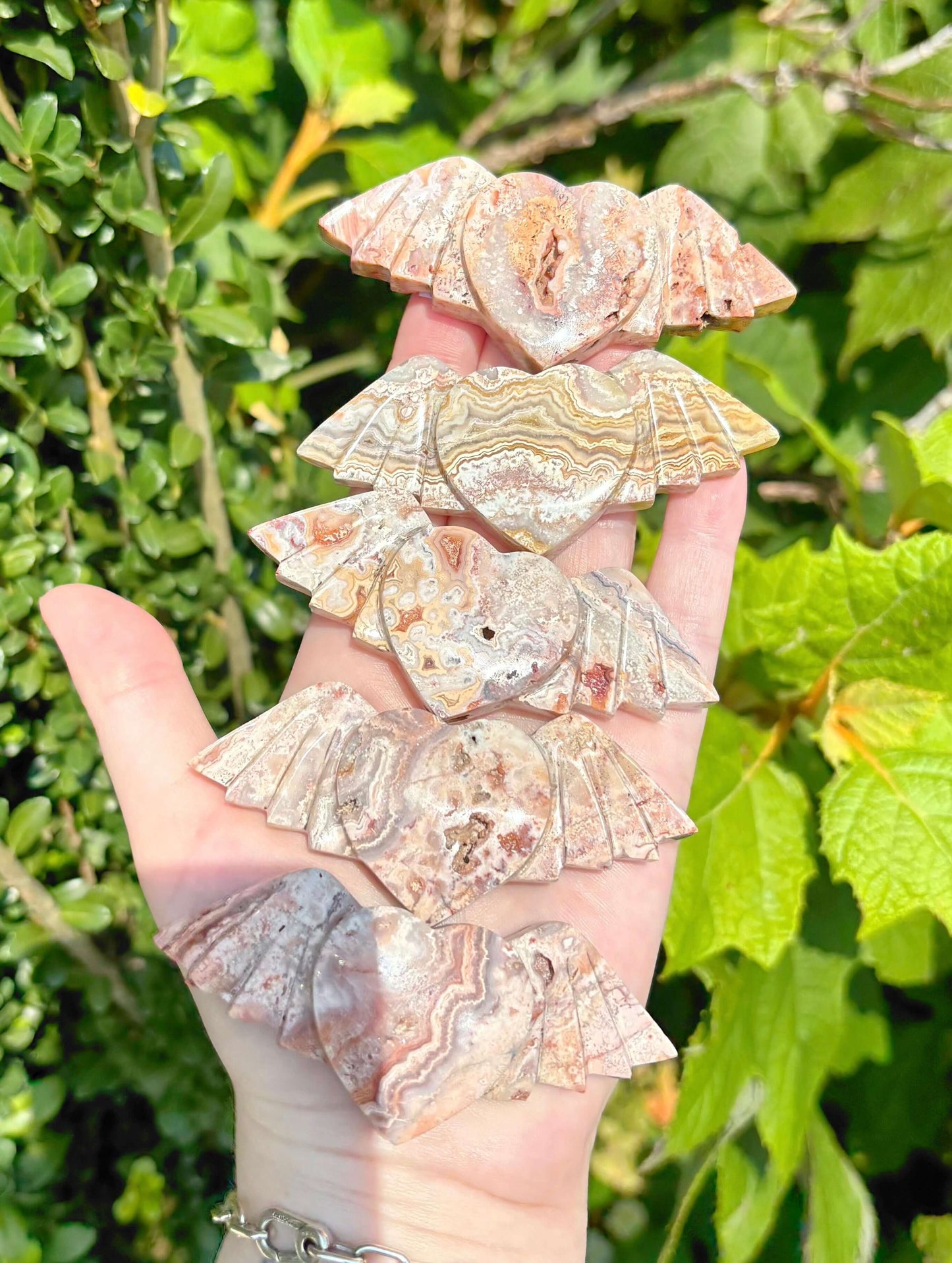 Rose and Quartz - Carvings -- Druzy Pink Crazy Lace Agate Hearts With Wings