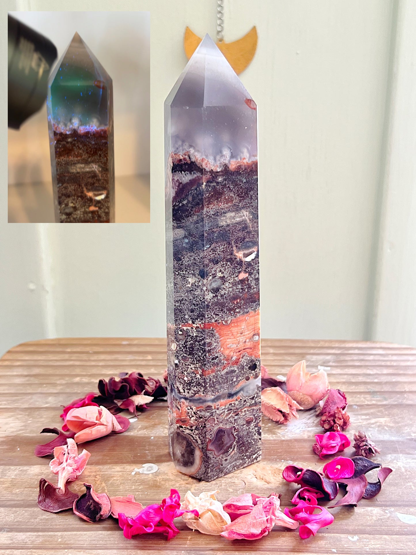 Mixed Mineral Agate Tower with Smoky Quartz UV REACTIVE