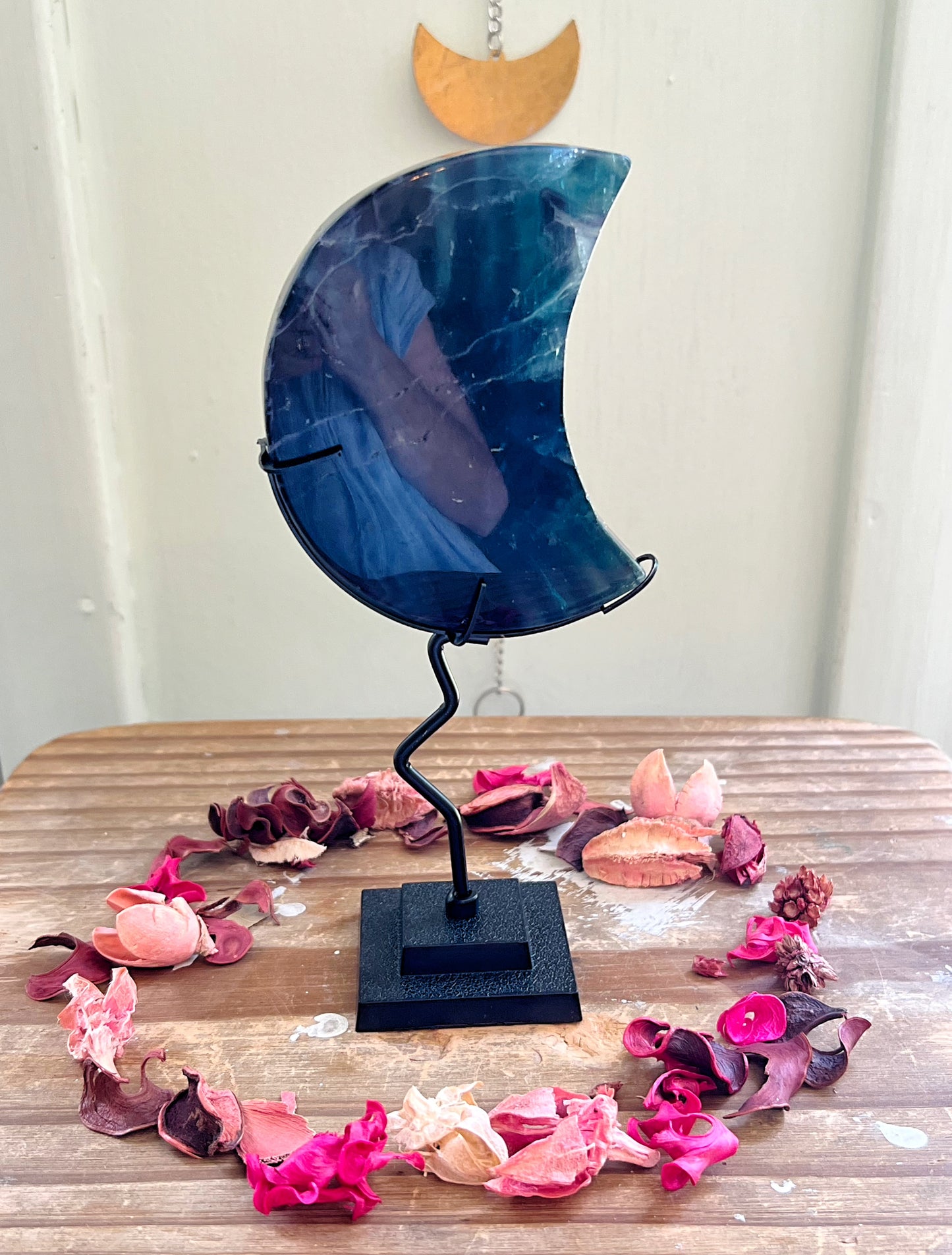 Blue Rose Fluorite Moons on Stands UV REACTIVE