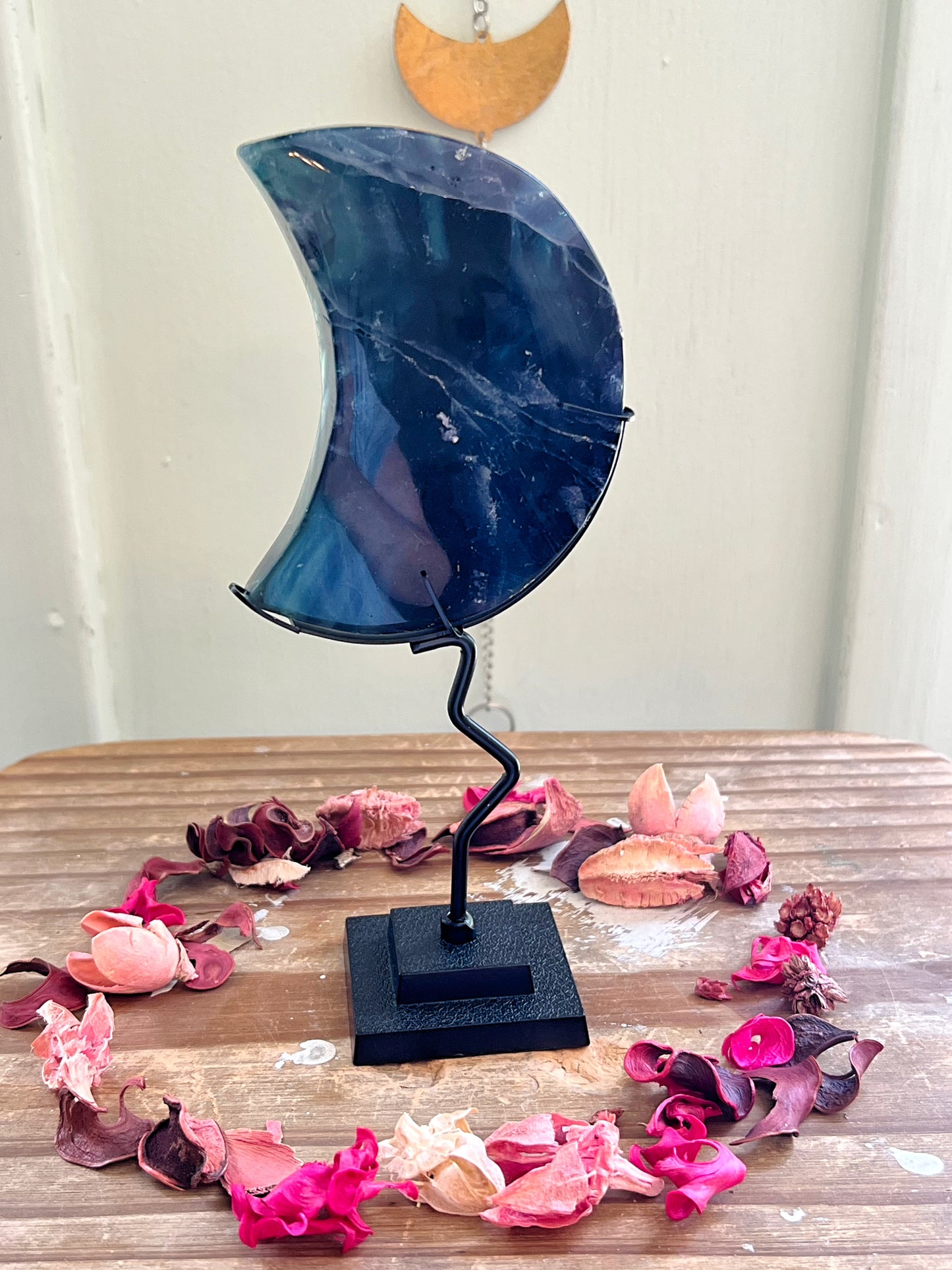 Blue Rose Fluorite Moons on Stands UV REACTIVE