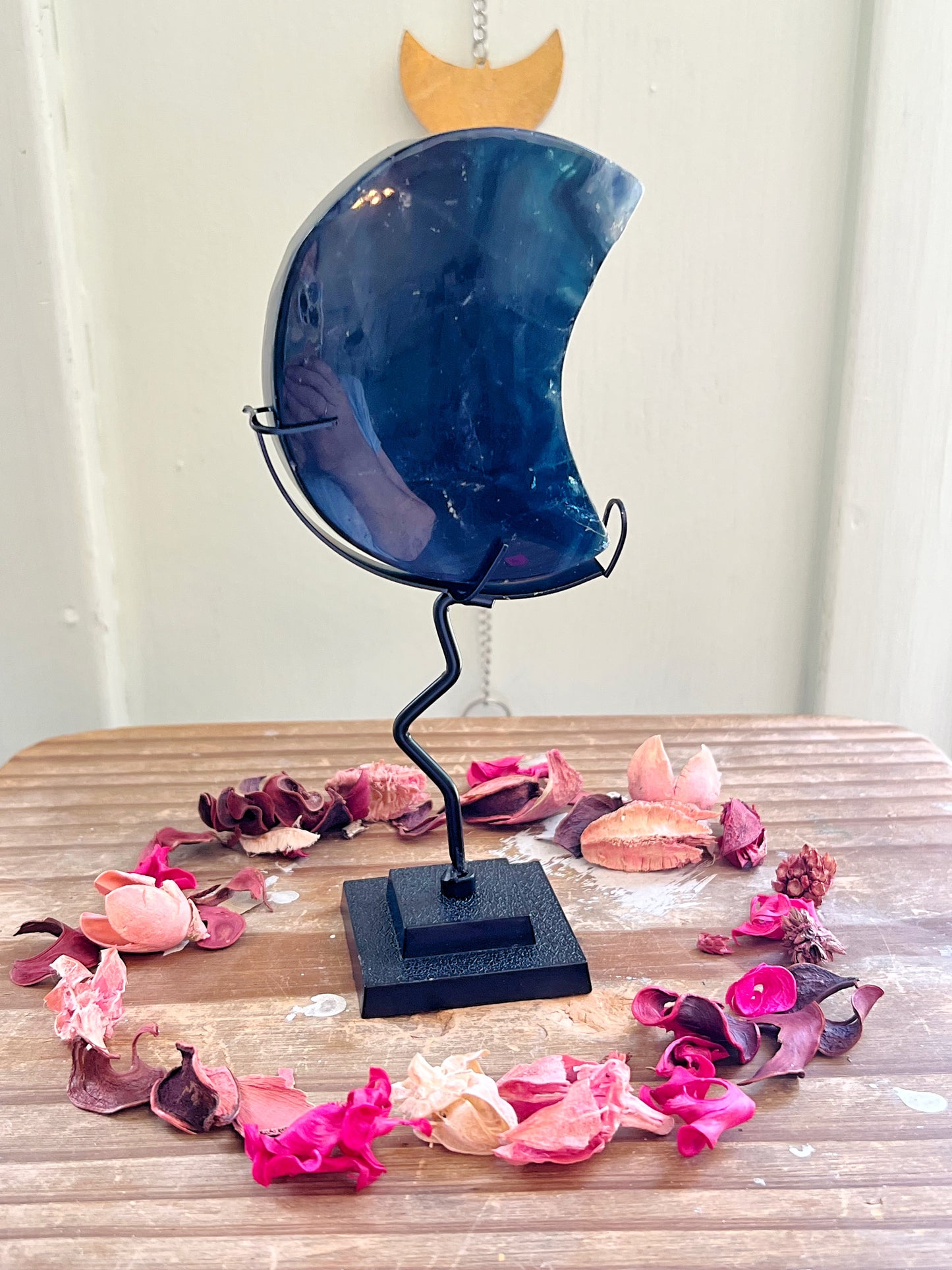 Blue Rose Fluorite Moons on Stands UV REACTIVE