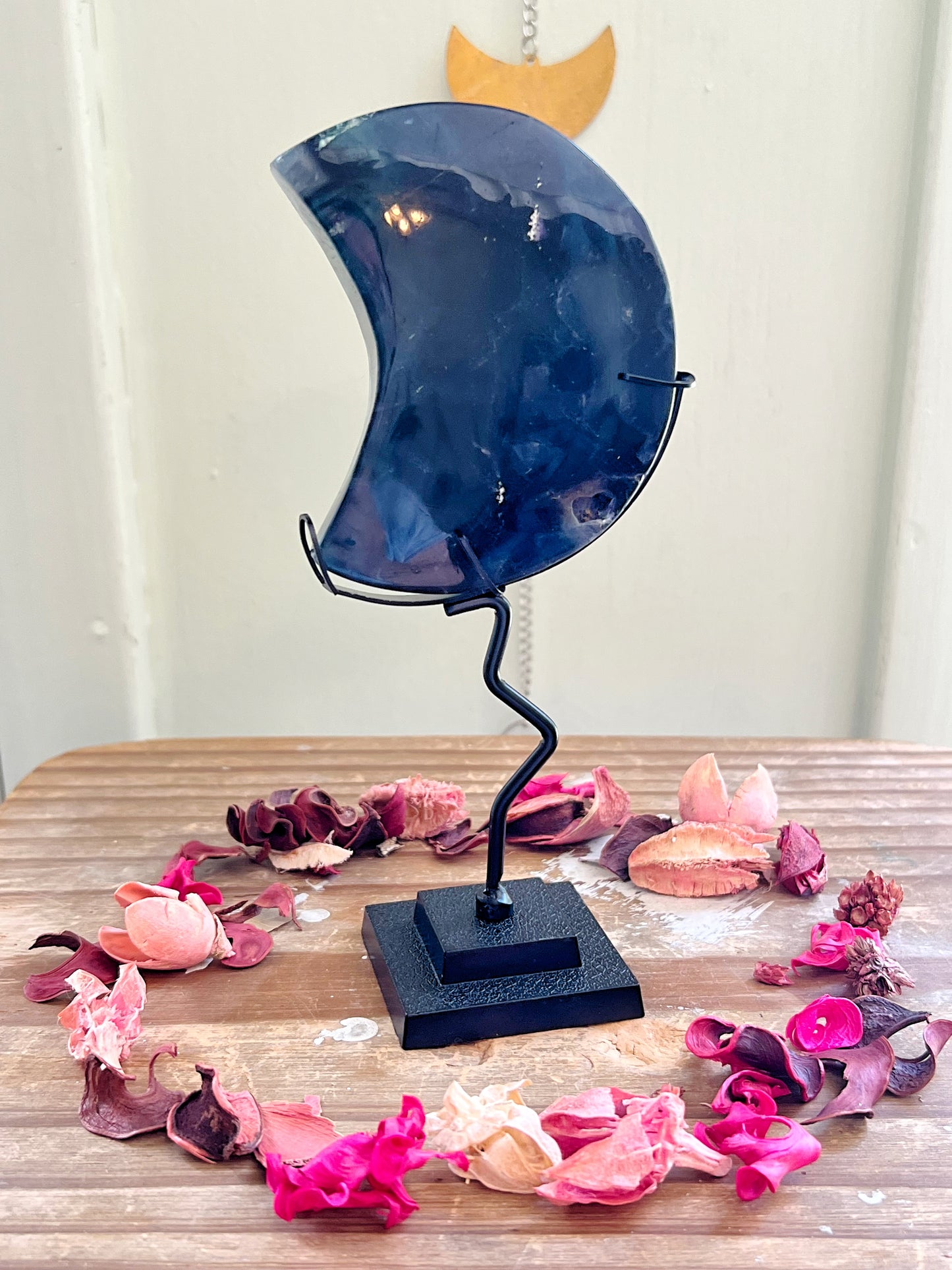 Blue Rose Fluorite Moons on Stands UV REACTIVE