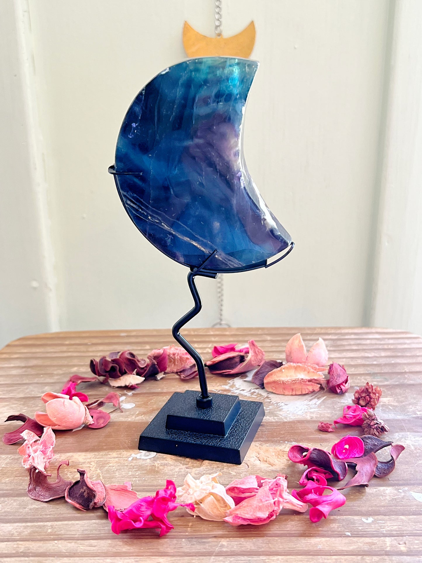 Blue Rose Fluorite Moons on Stands UV REACTIVE