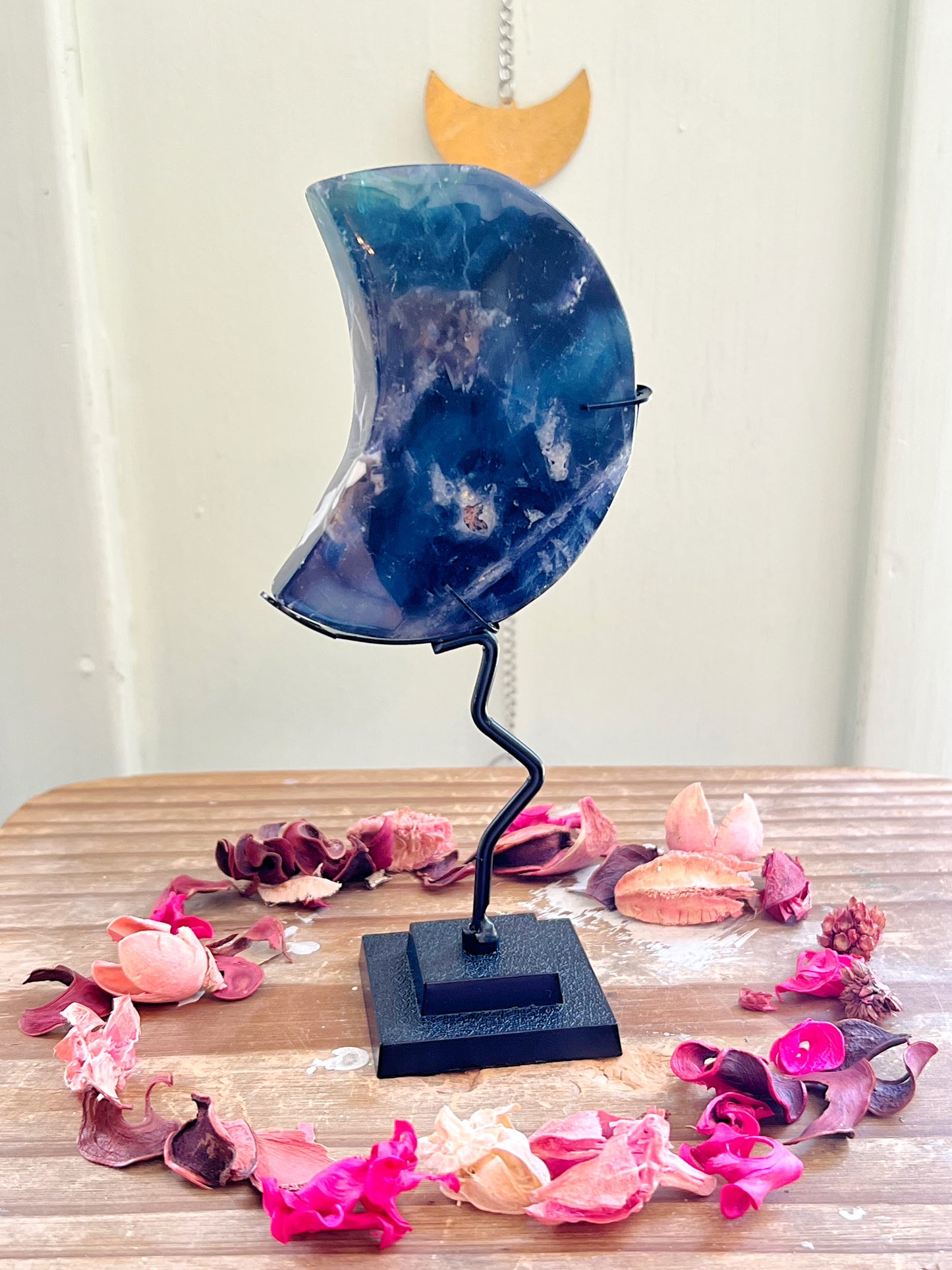 Blue Rose Fluorite Moons on Stands UV REACTIVE