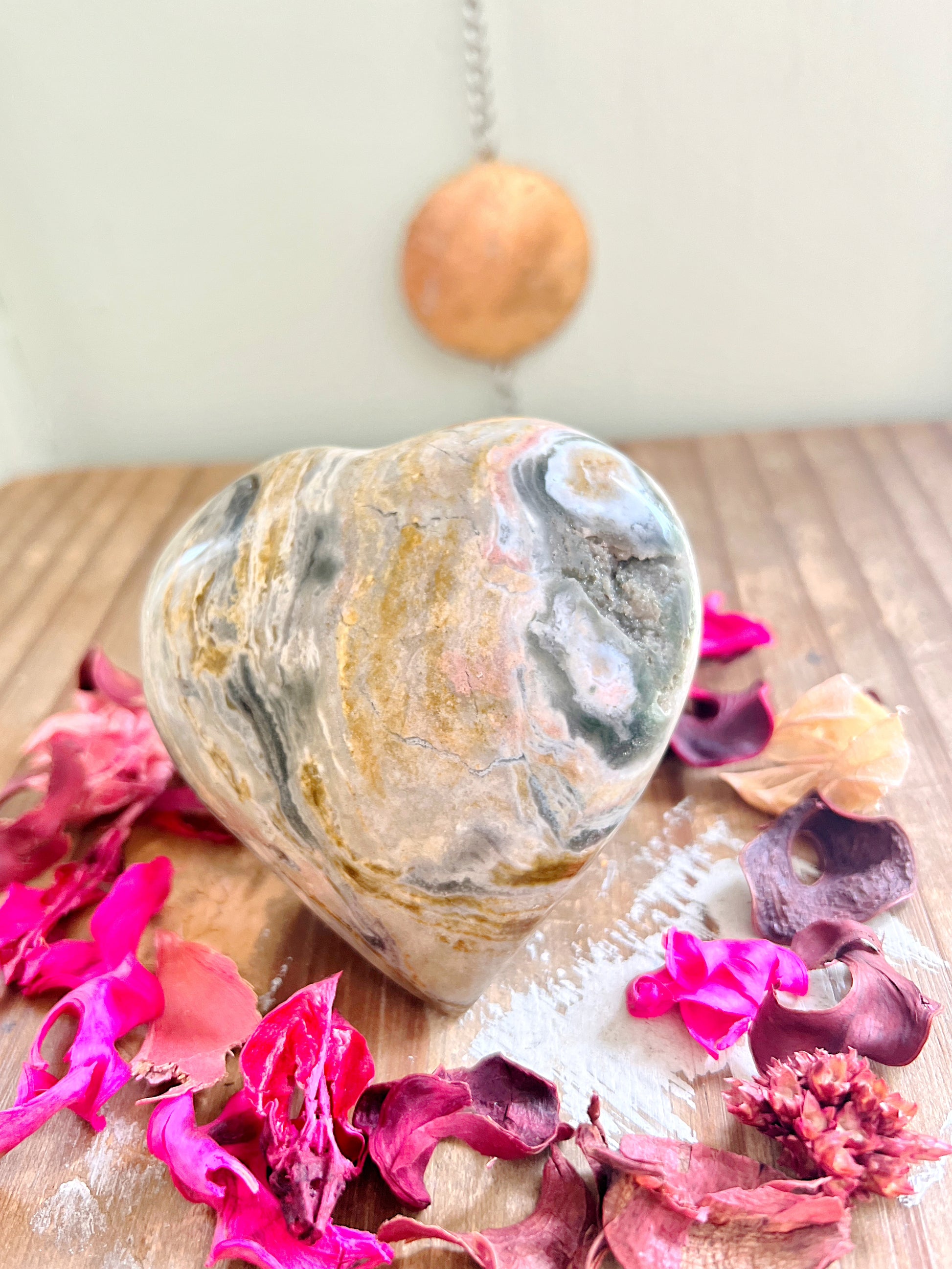 Ocean Jasper Heart Carving - Rose and Quartz