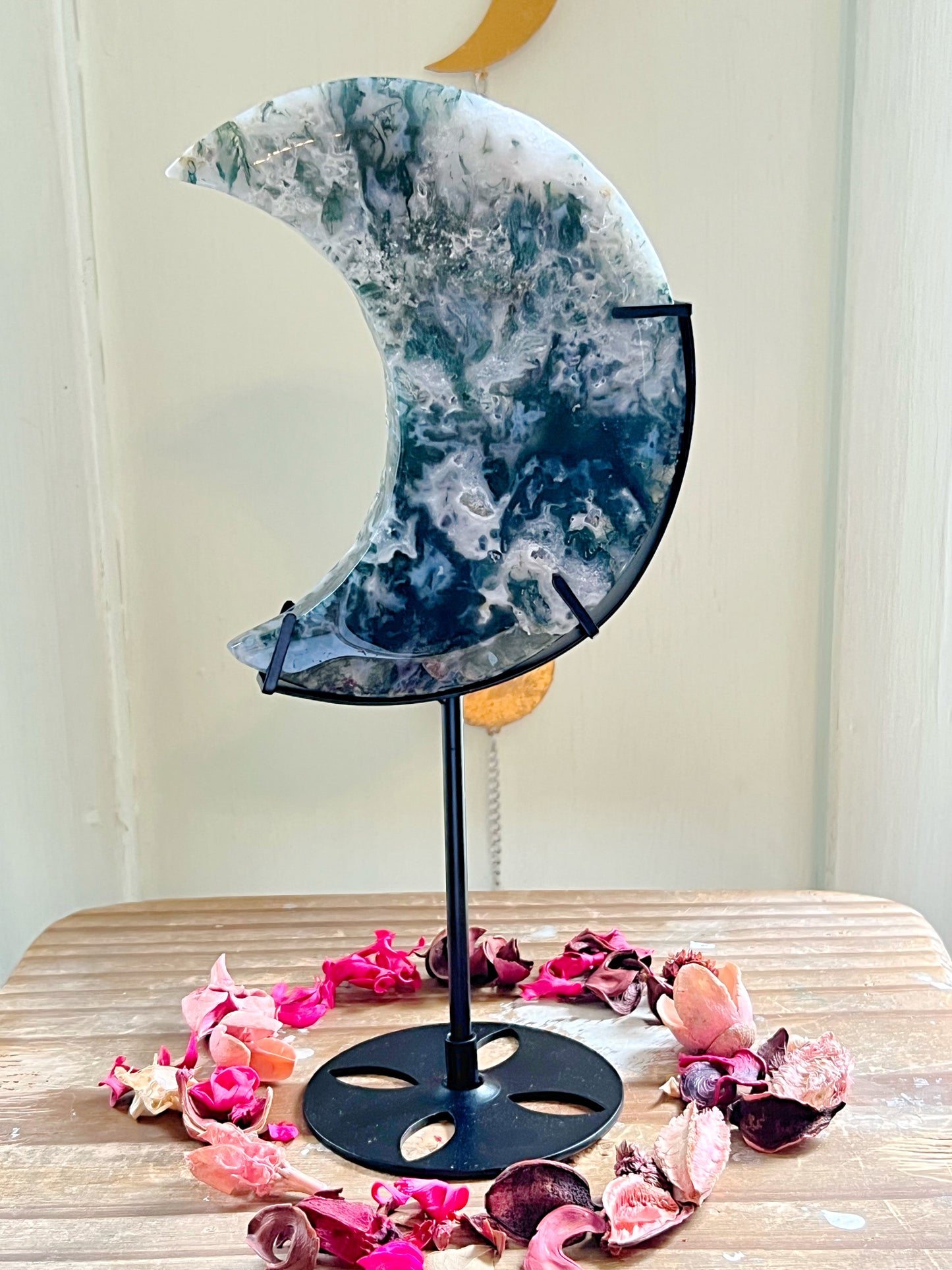 XL Moss Agate Moon on Stand