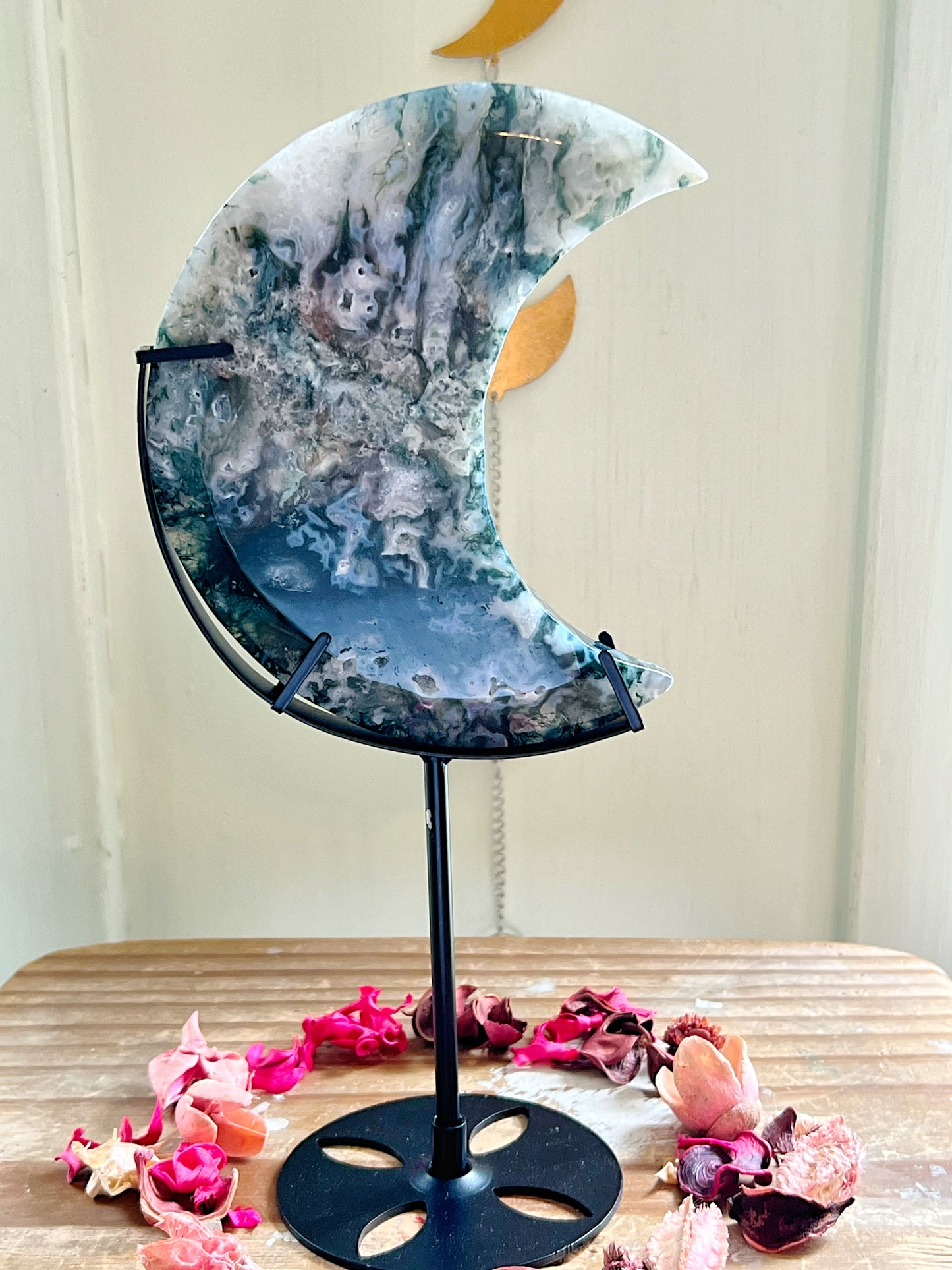 XL Moss Agate Moon on Stand