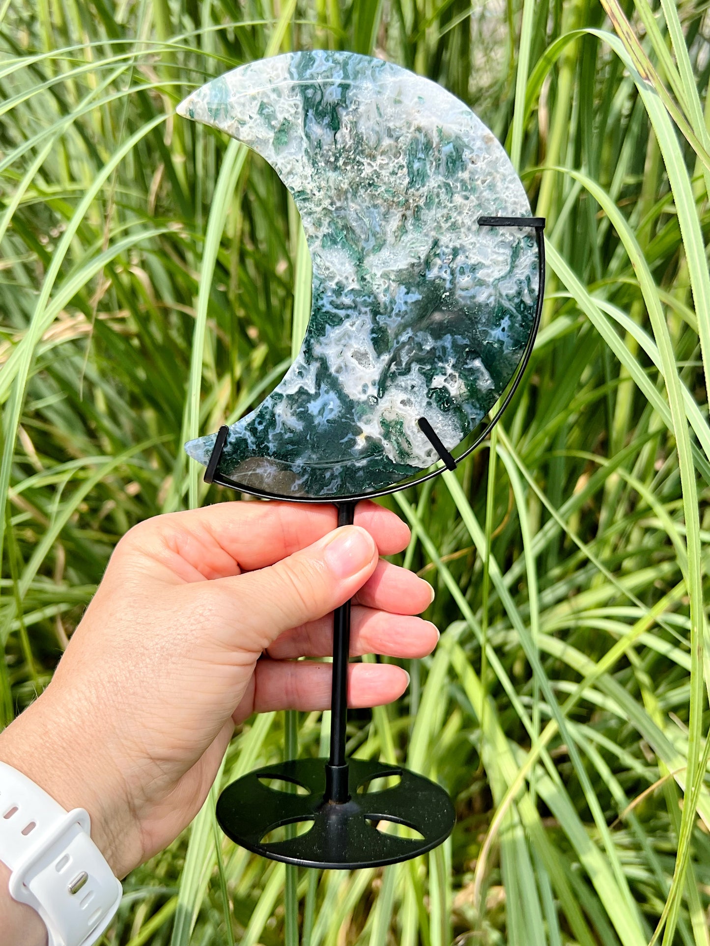 XL Moss Agate Moon on Stand