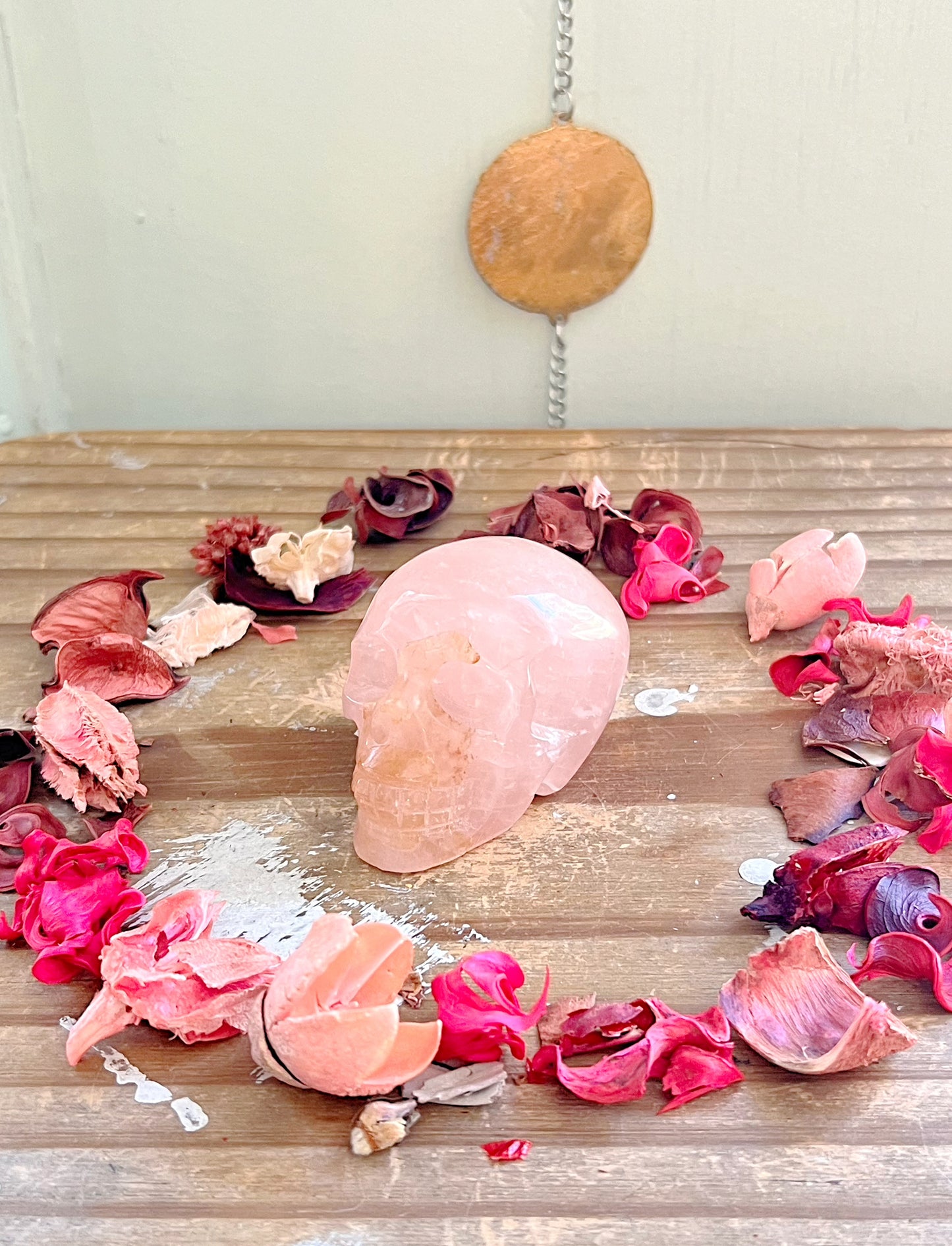 Rose Quartz and Golden Healer Skull Carving