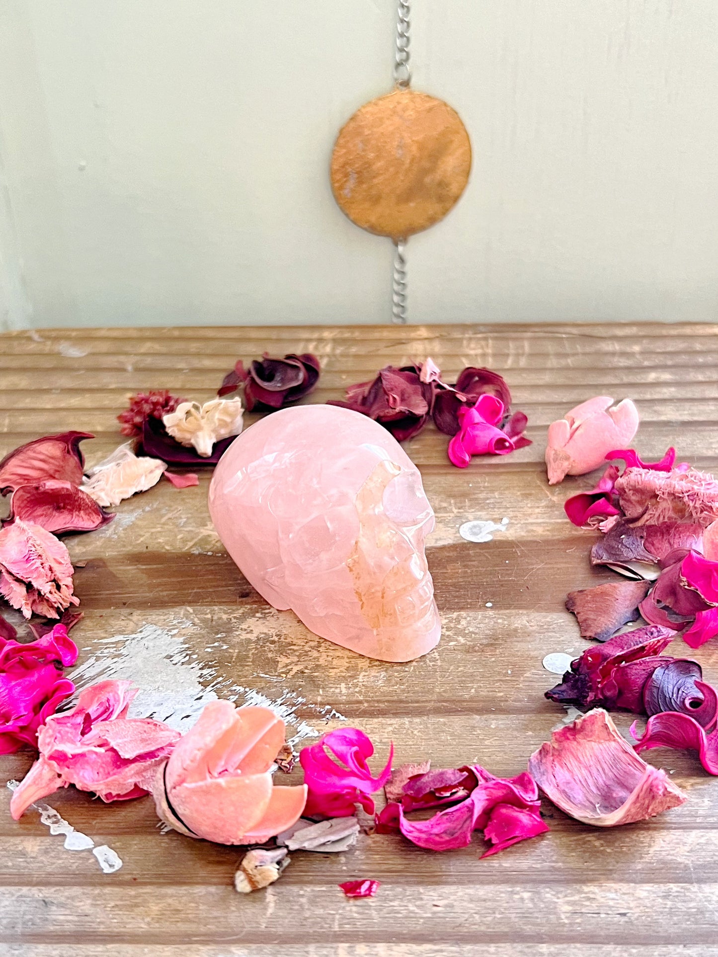 Rose Quartz and Golden Healer Skull Carving