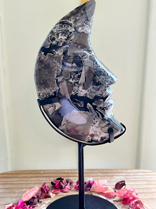 XXL Volcano Agate Moon On Stand UV REACTIVE