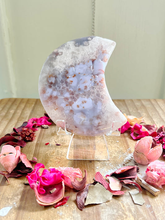 Blue Flower Agate Moon On Stand