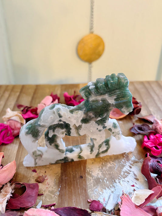 Moss Agate Horse Carving