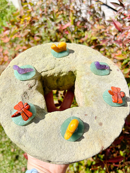 Green Adventurine Dragonfly, Caterpillar, and Snail Mini carvings