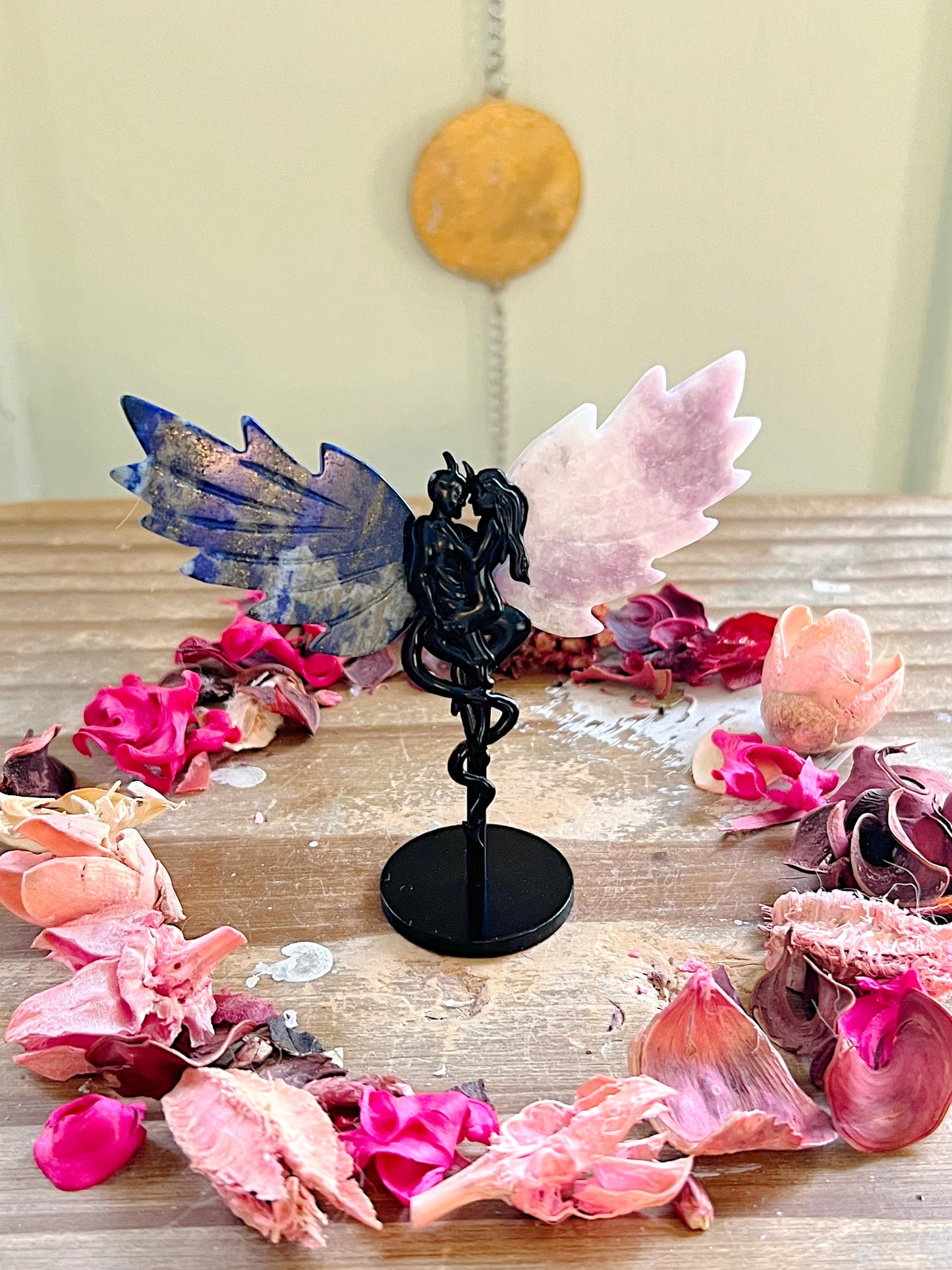 Rose and Quartz - Carvings - Lapis Lazuli and Lepidolite Devil and Woman Wing Set