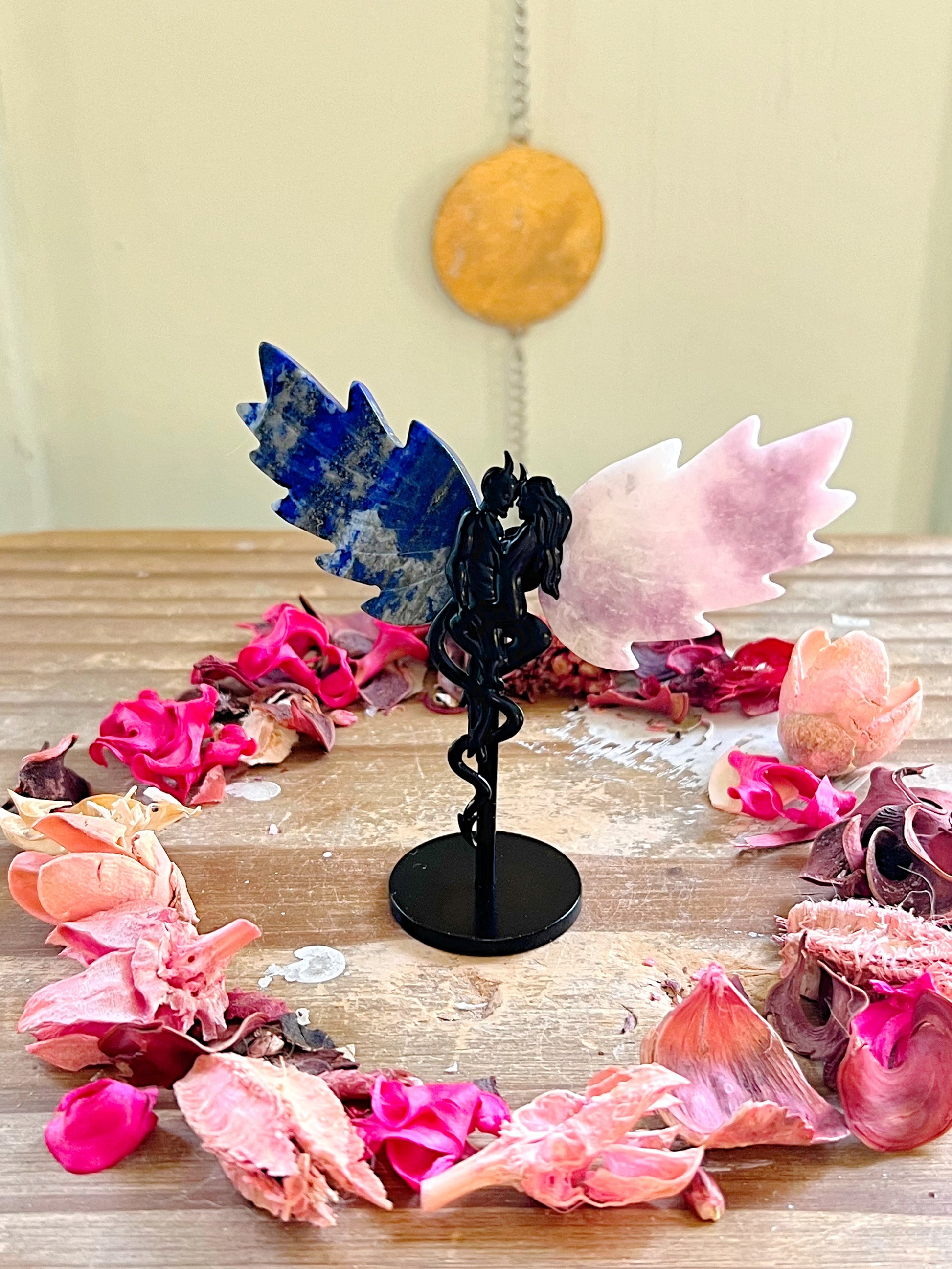 Rose and Quartz - Carvings - Lapis Lazuli and Lepidolite Devil and Woman Wing Set 1