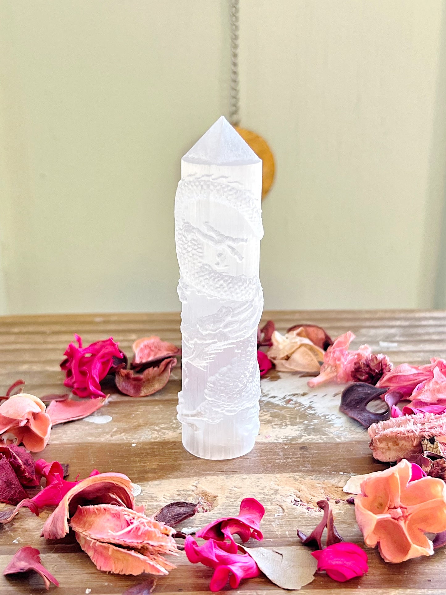 Satin Spar Selenite Dragon Carved Tower