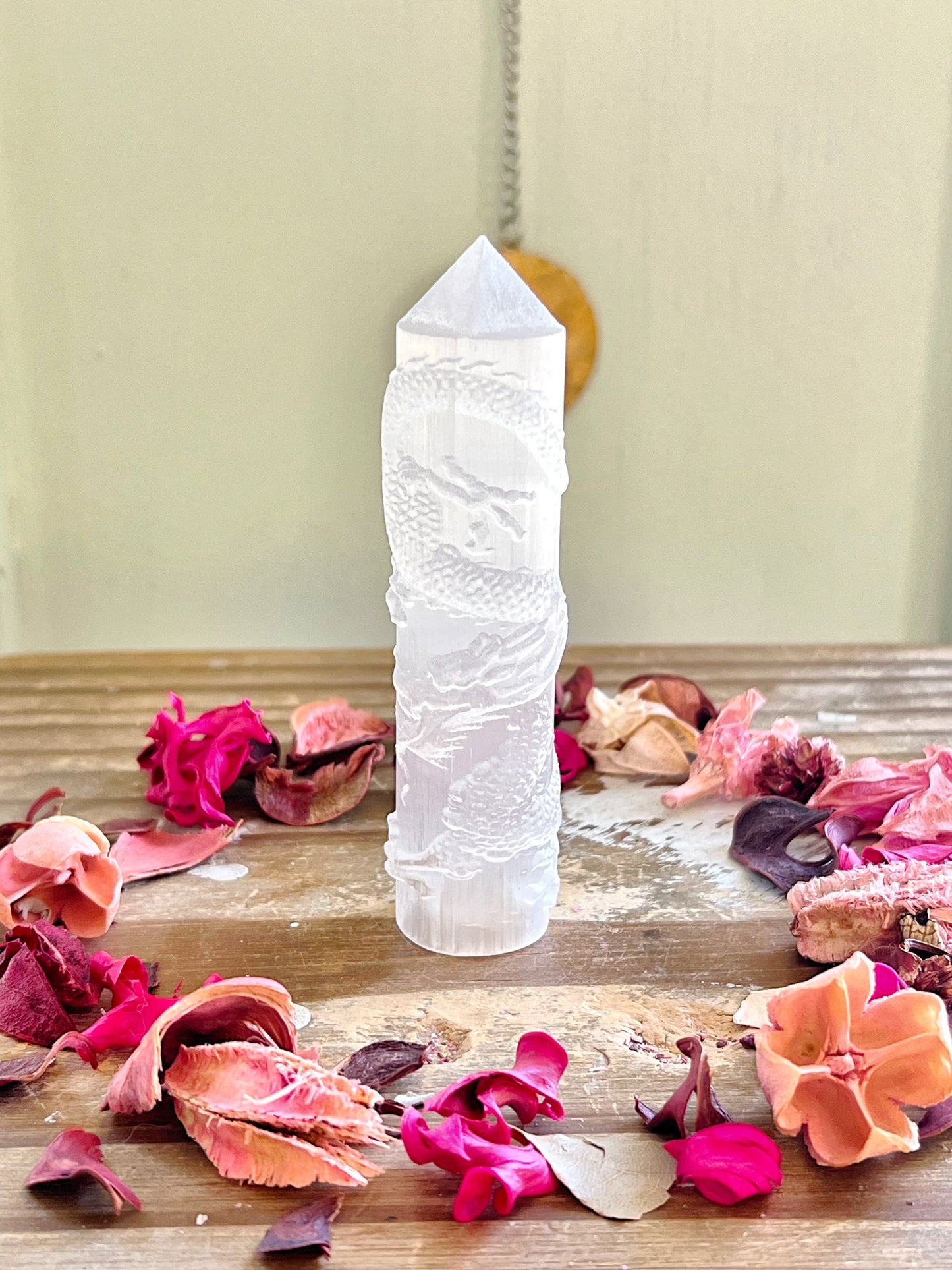 Satin Spar Selenite Dragon Carved Tower