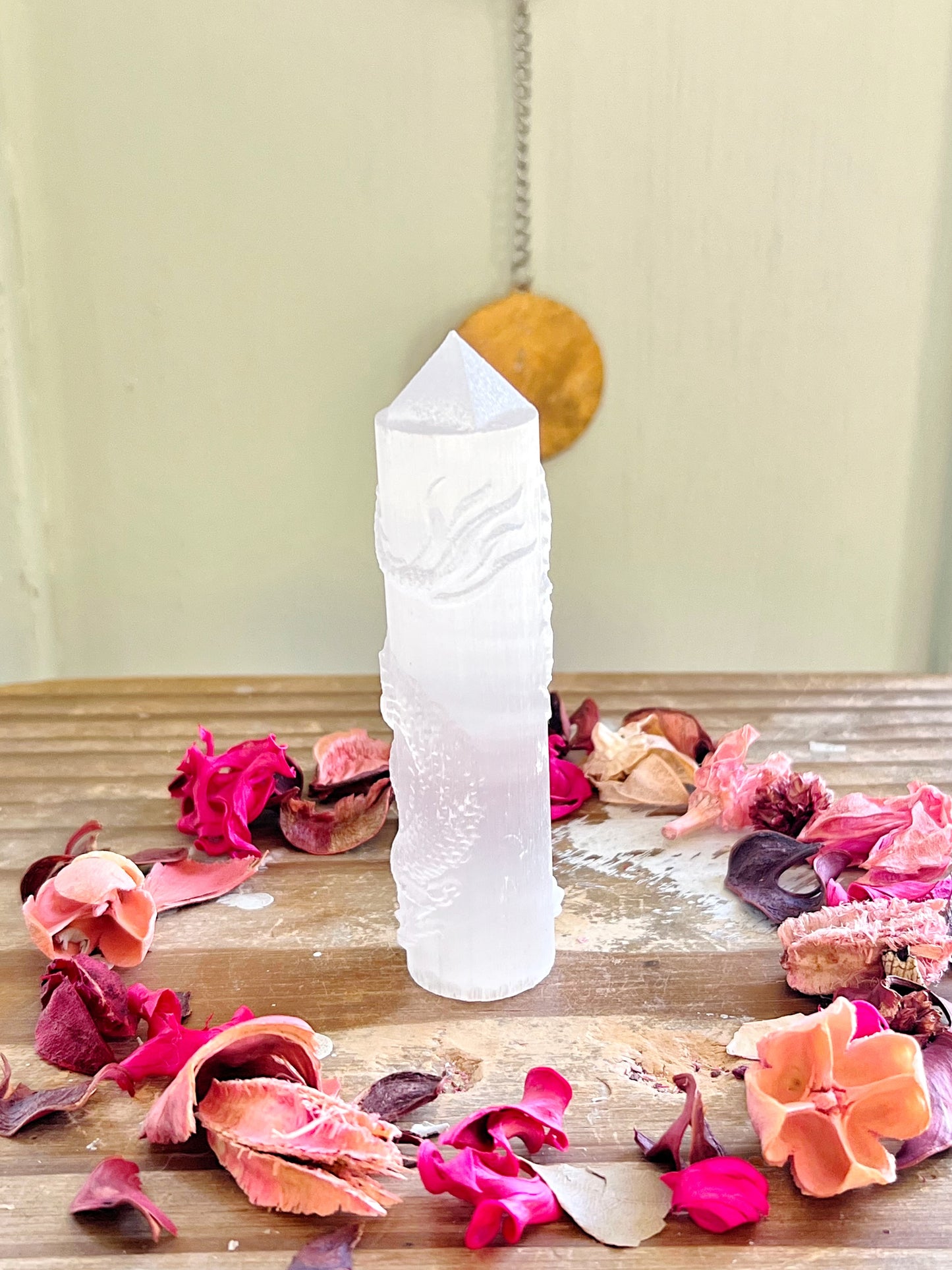 Satin Spar Selenite Dragon Carved Tower
