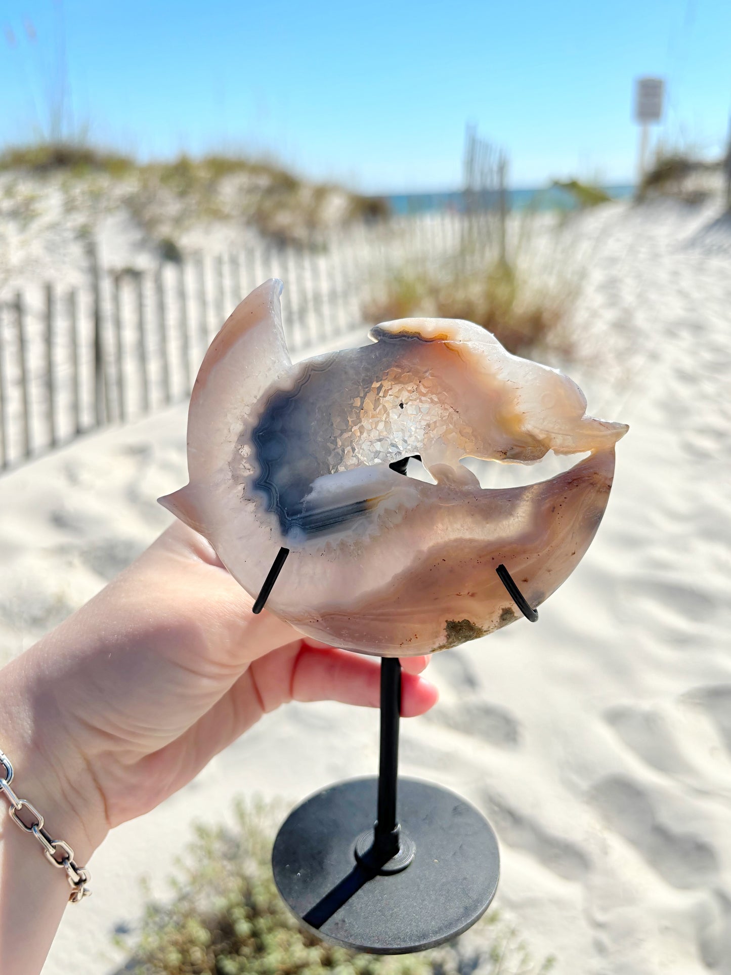 Druzy Agate Dolphin With Moss Agate on Stand