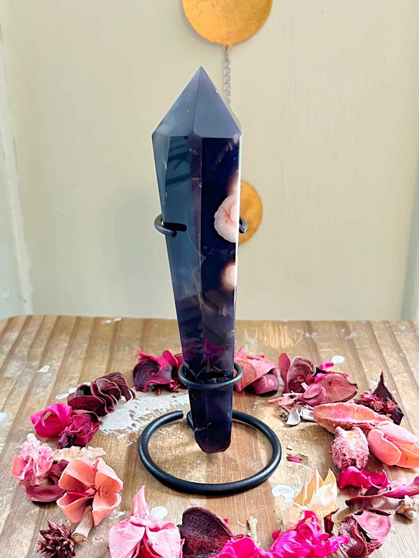 Blue Flower Agate Wand on Stand