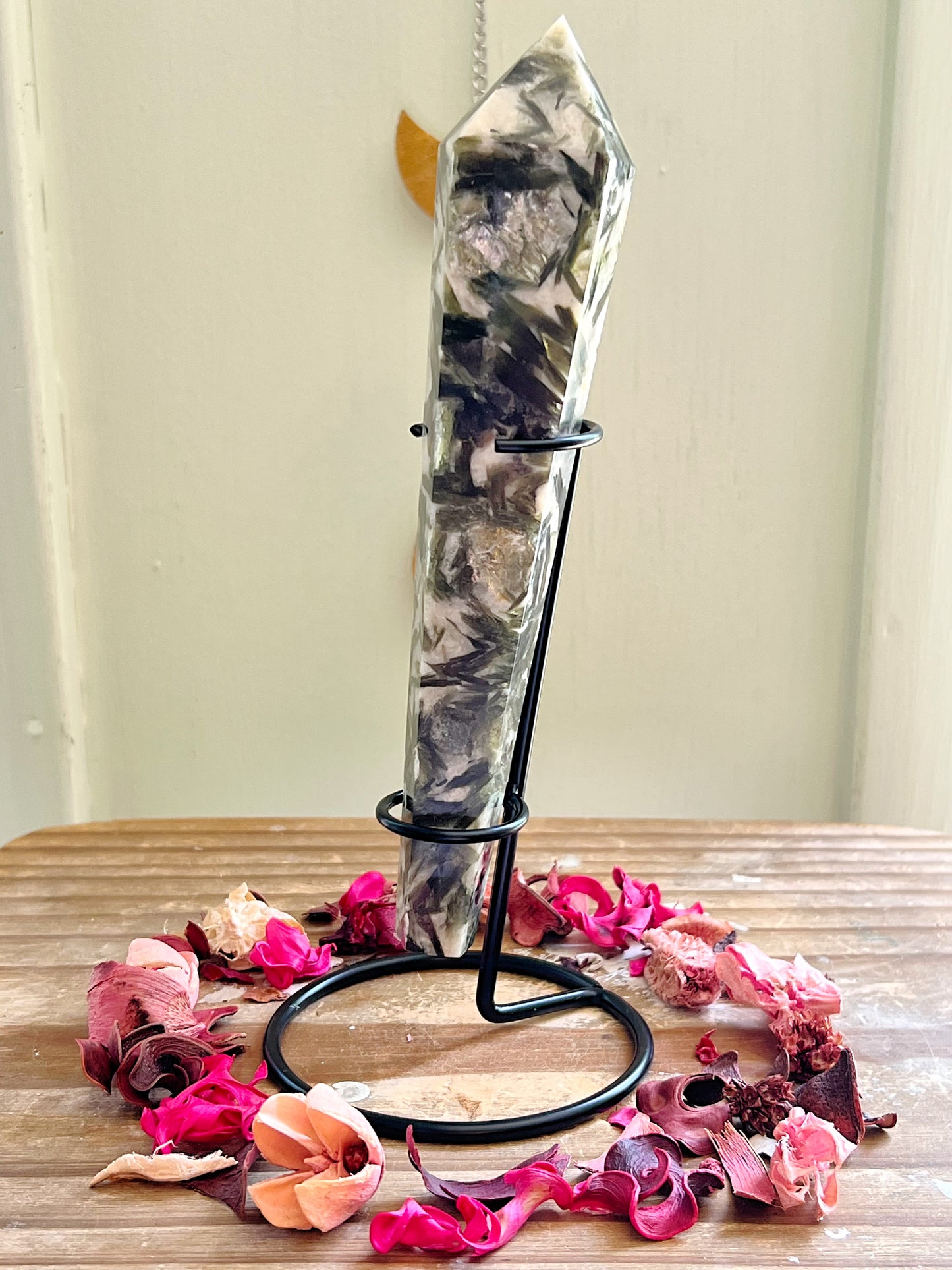 Green Tourmaline Wand on a Stand