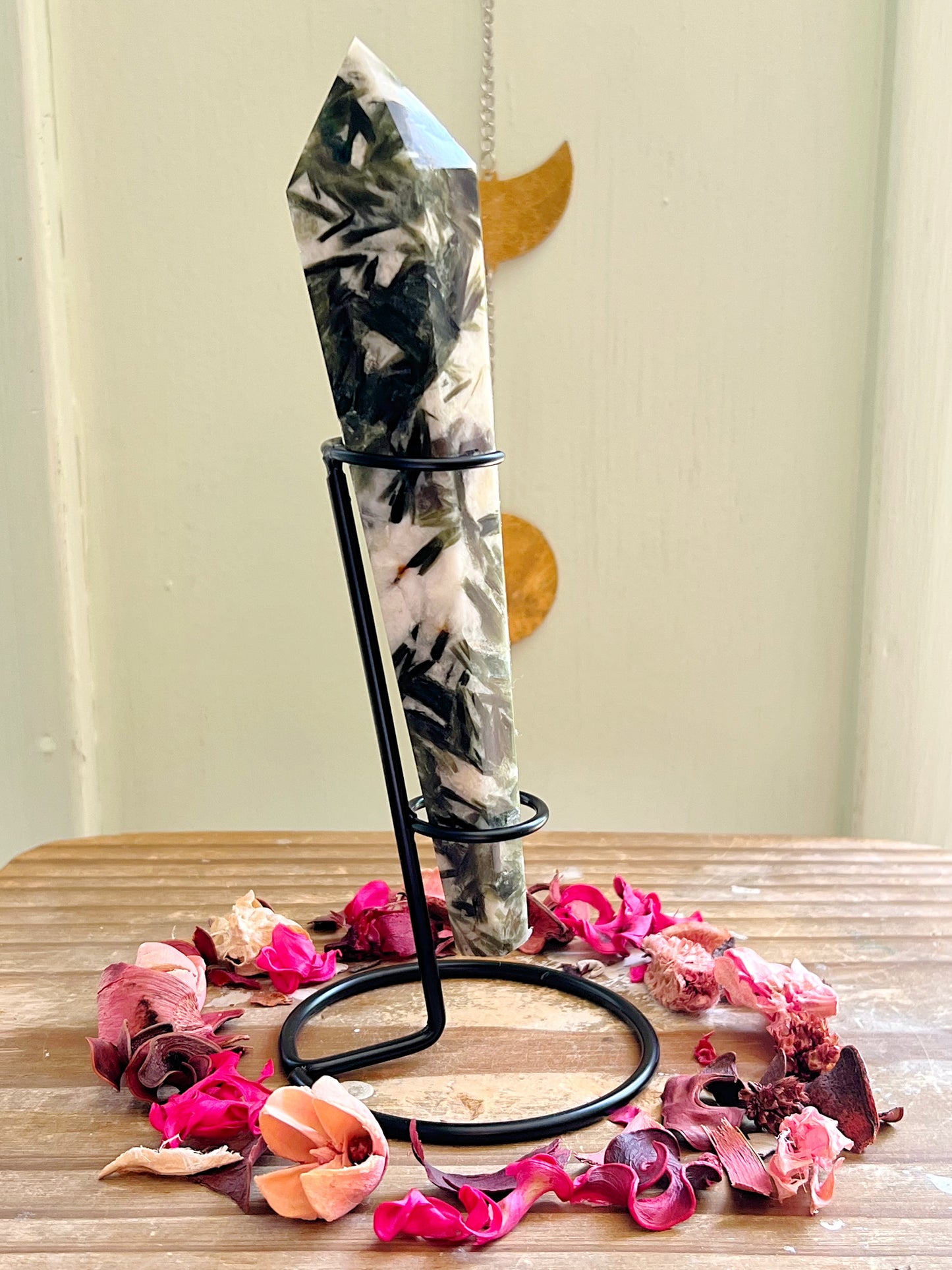Green Tourmaline Wand on a Stand